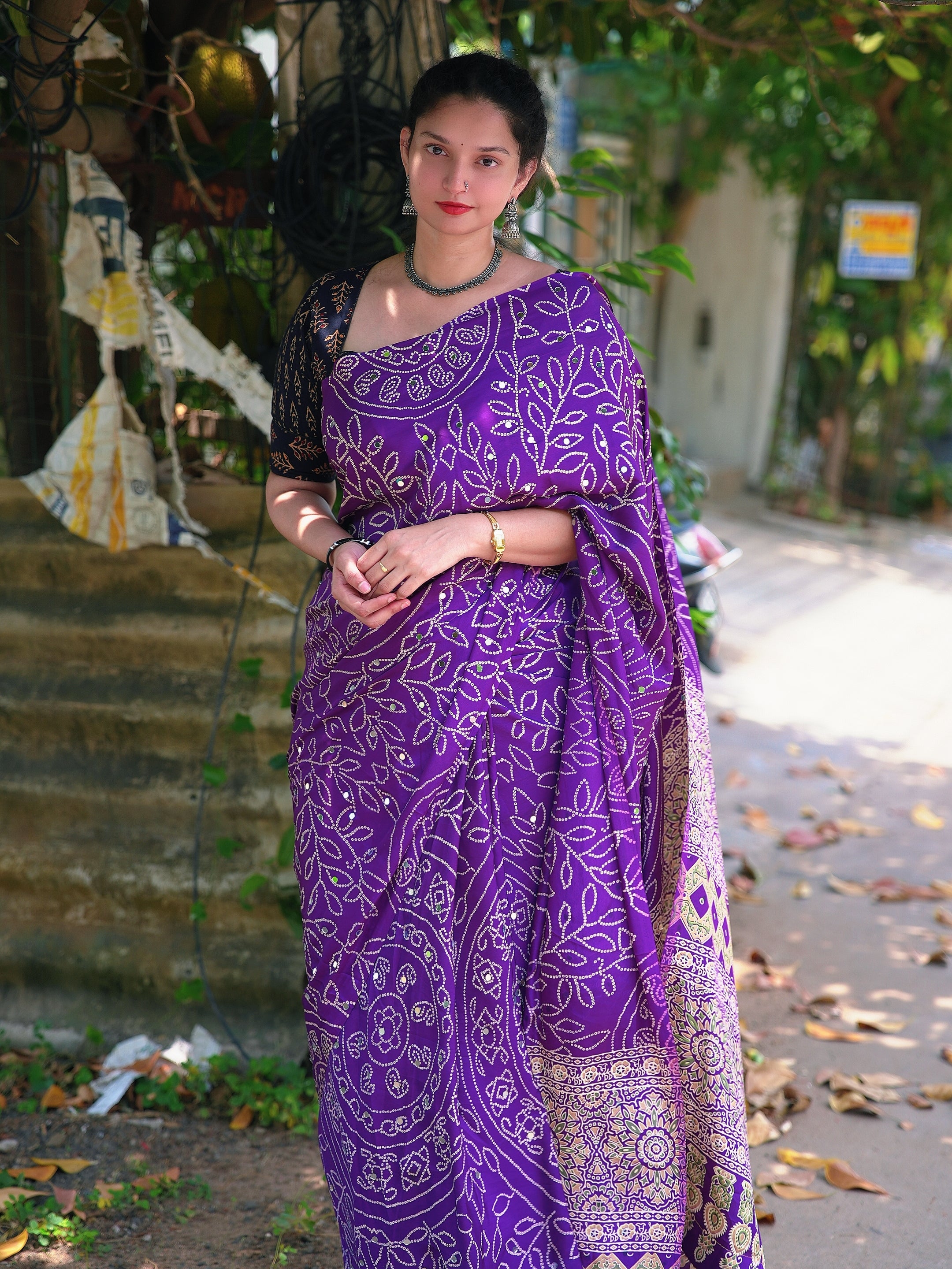 Ajrak design crepe silk mirror saree