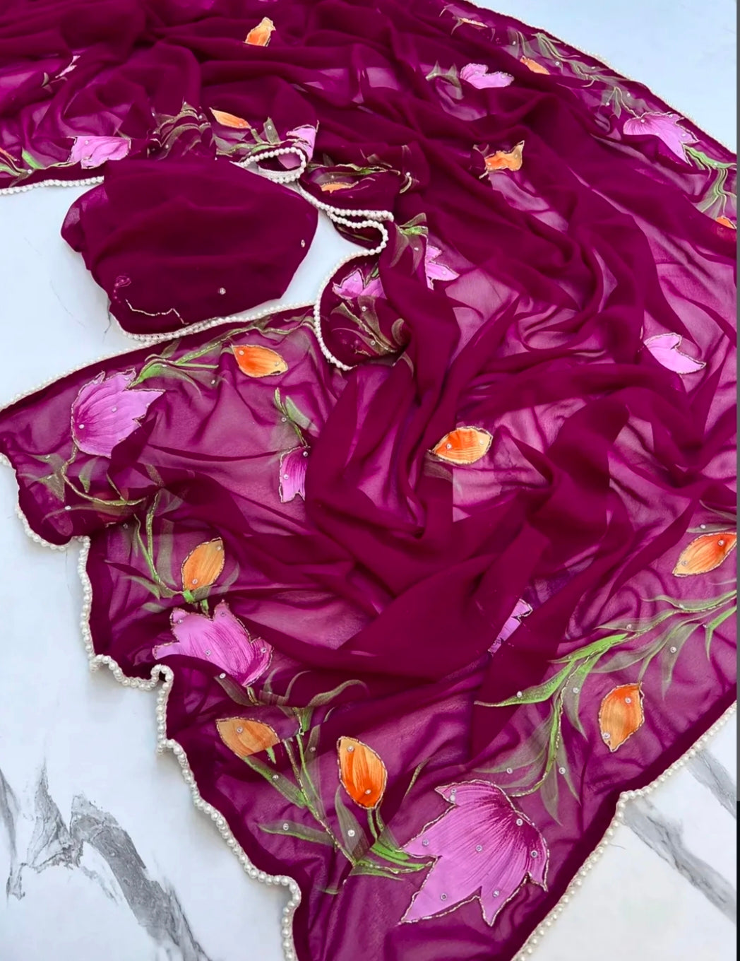 Brush paint soft georgette handwork saree