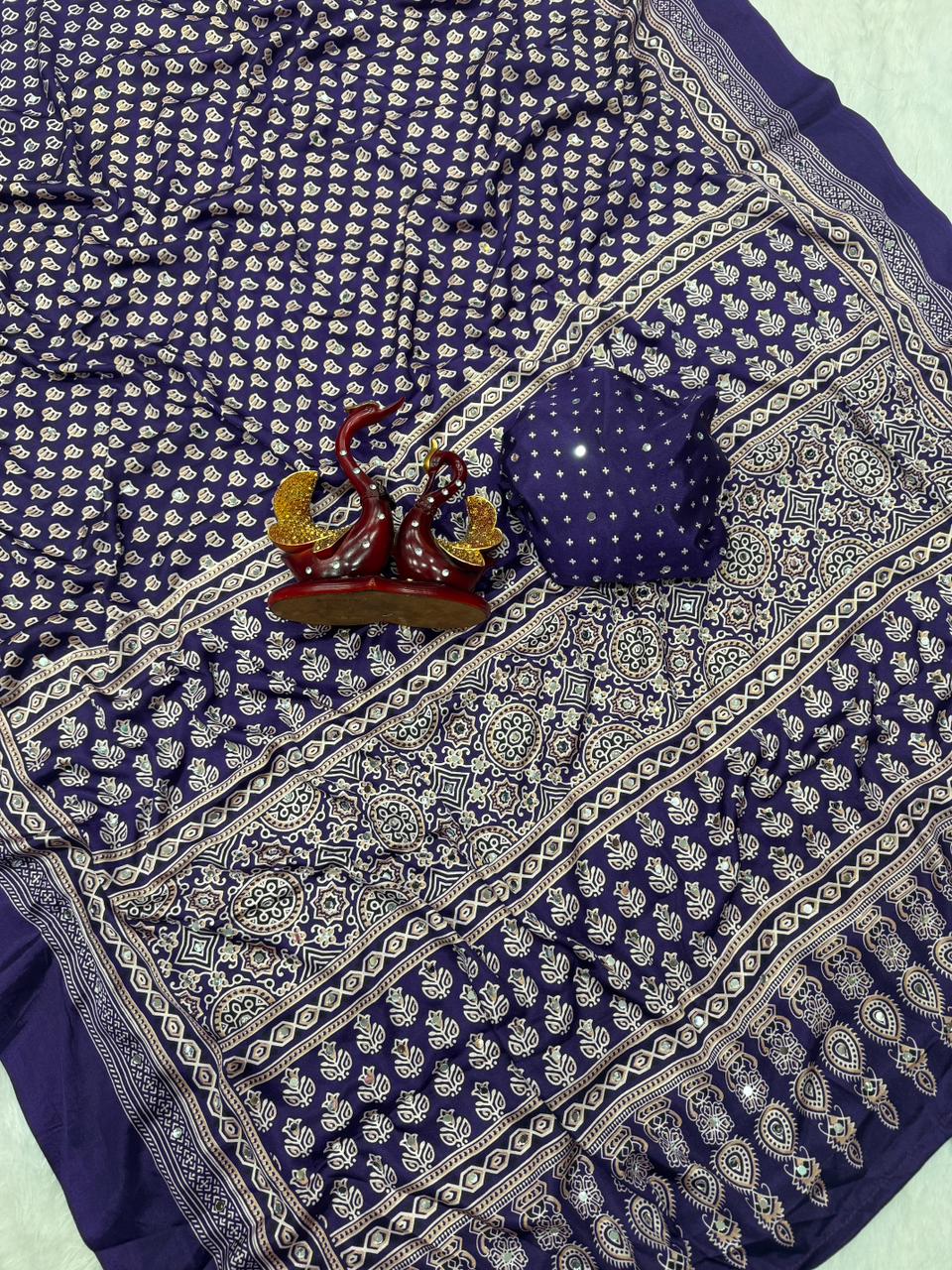 Semi modal crepe silk ajrak mirror saree
