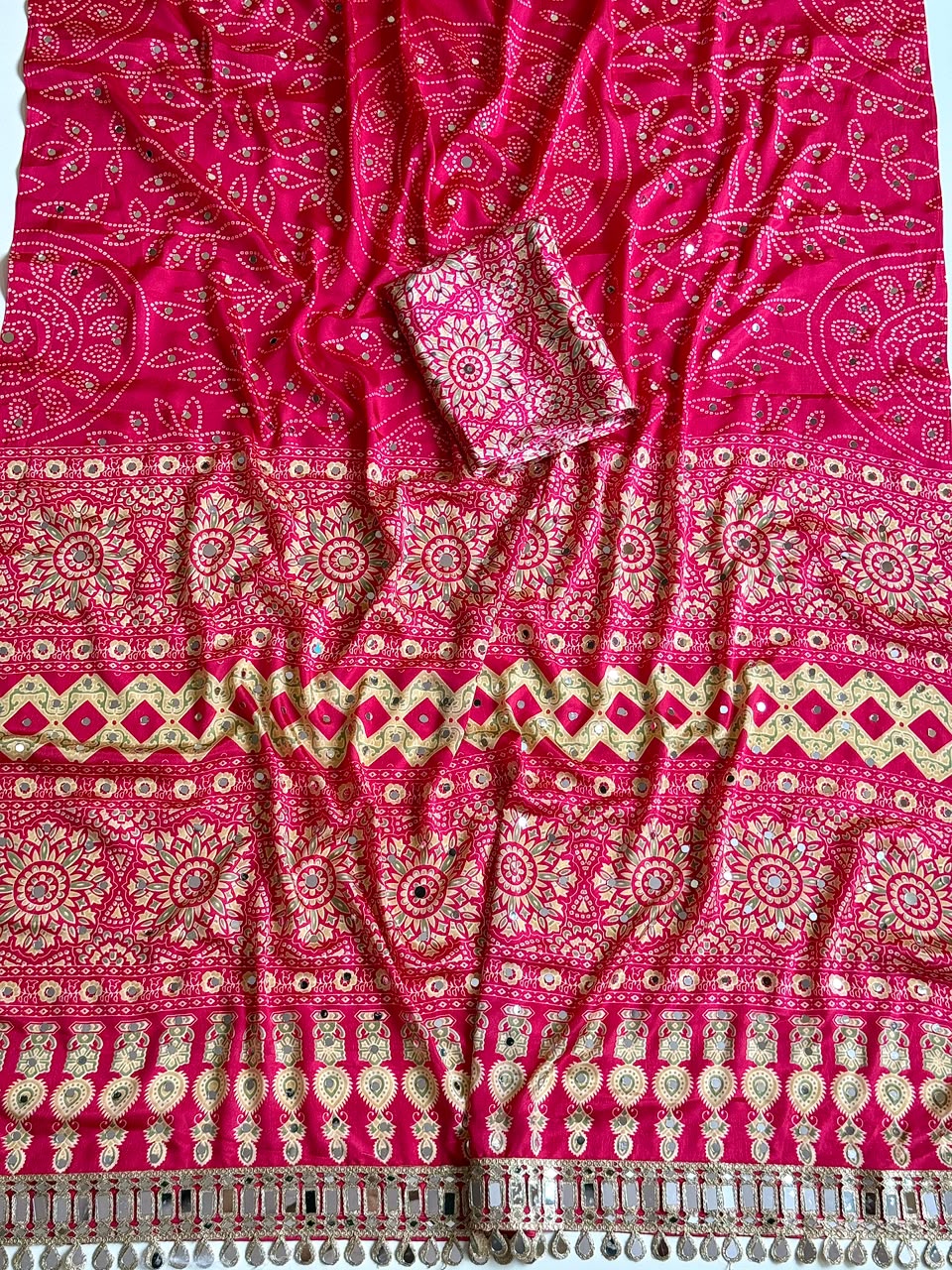 Ajrak design crepe silk mirror saree