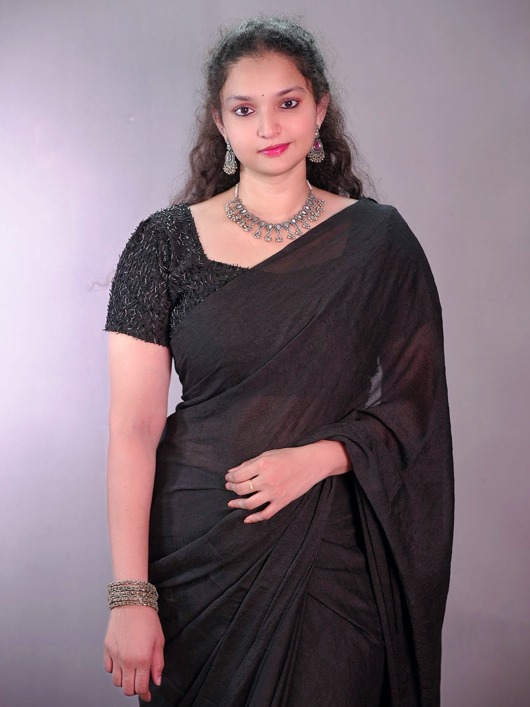 Crush rangoli latkan work blouse saree