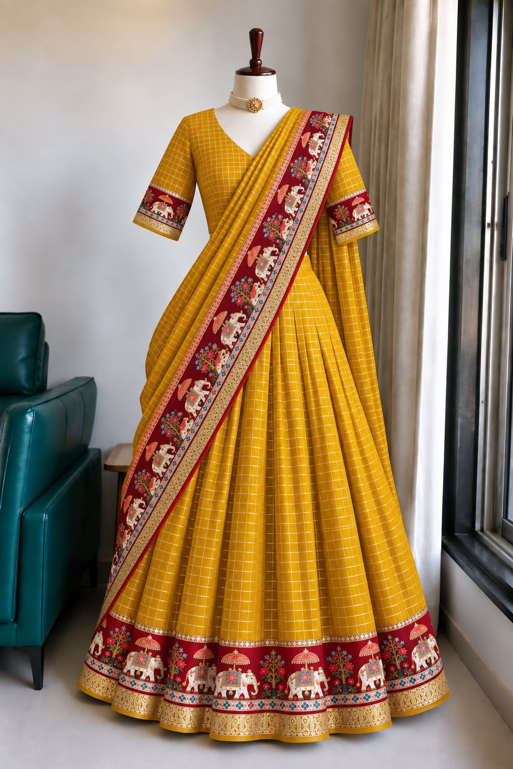Viscose georgette fully stitched checks lehanga/ half saree
