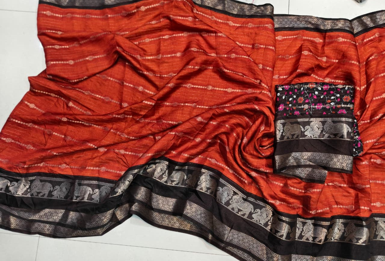 Rust Orange Soft tussar saree kalamkari pallu