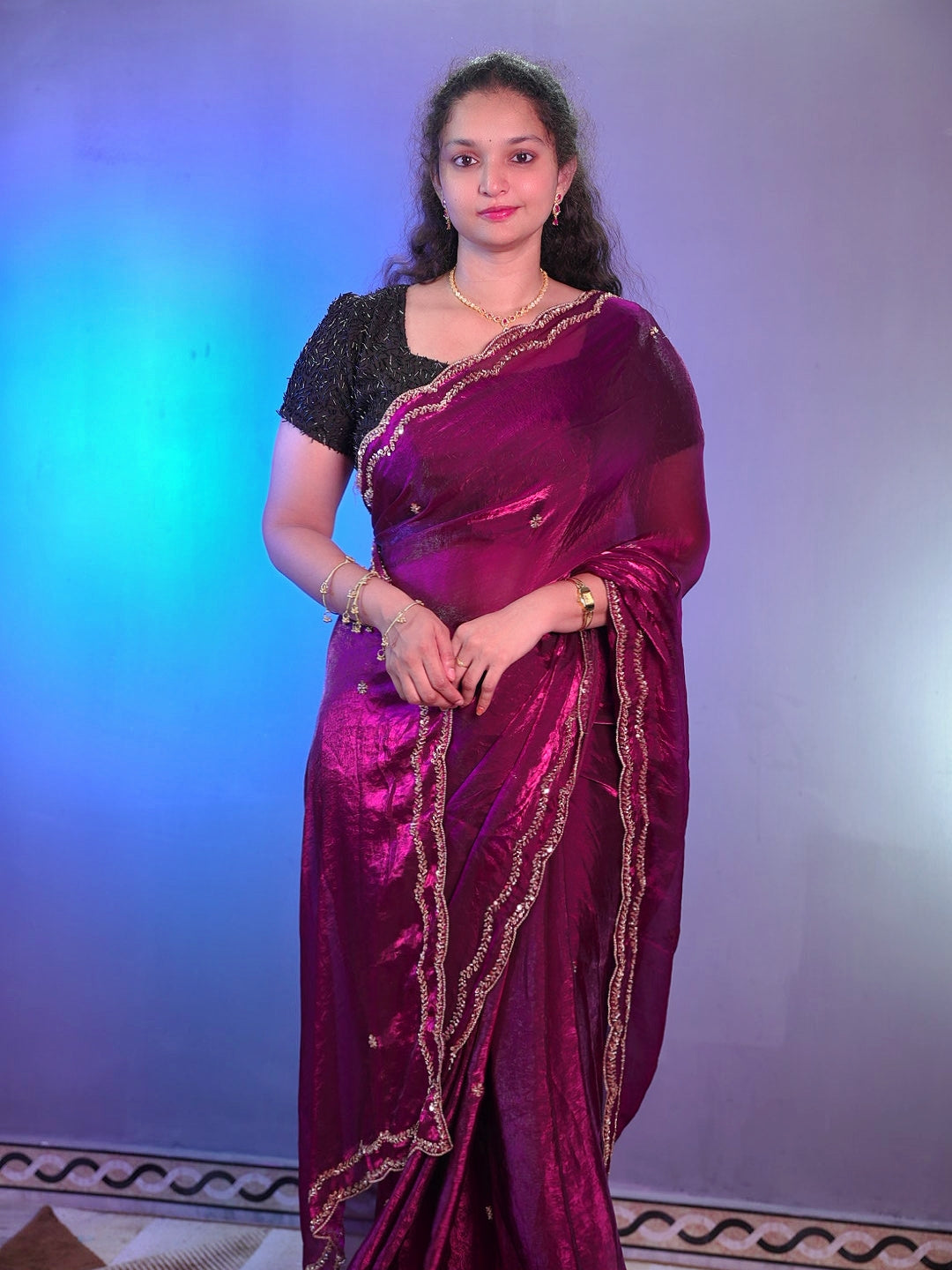 Space silk original handwork gold beads saree