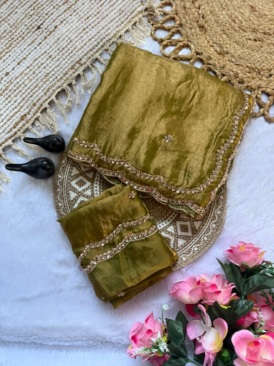 Space silk original handwork gold beads saree