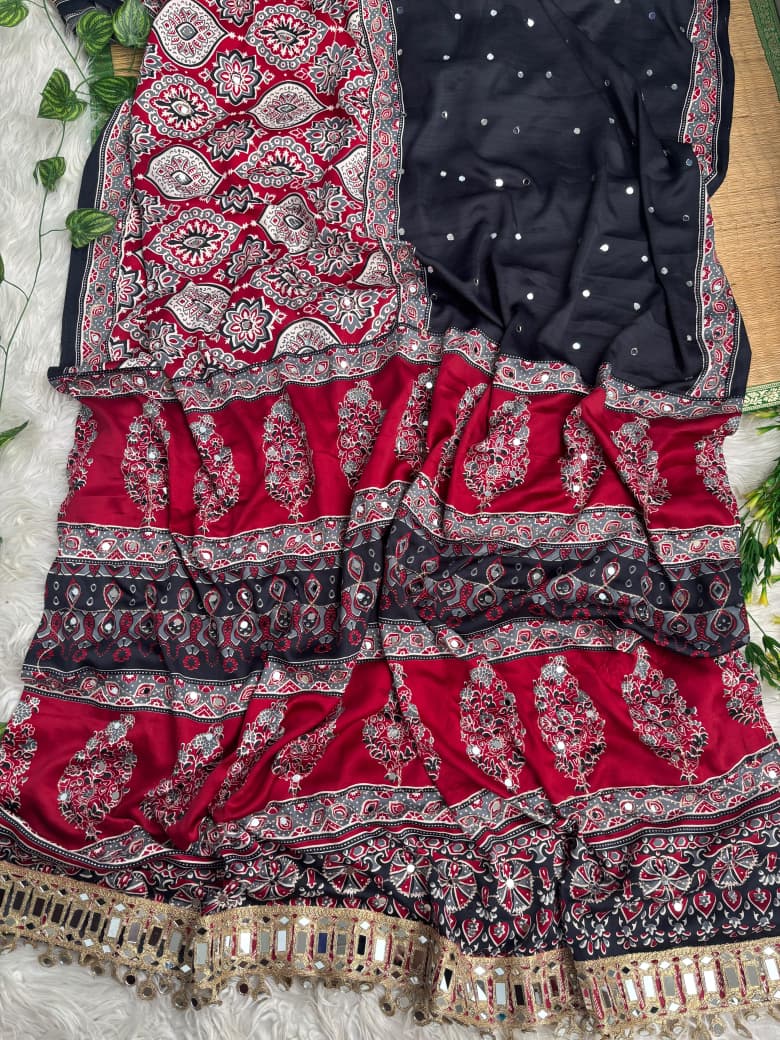 Ajrak mirror satin modal saree