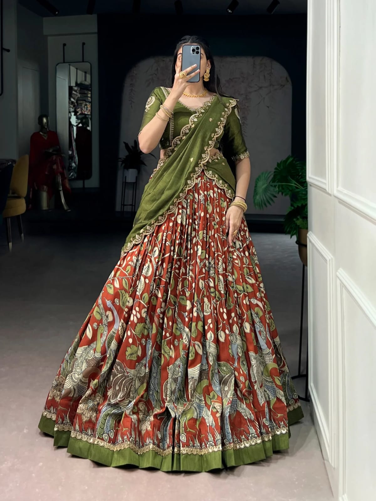 Kalamkari festival semi stitched half saree/ lehanga choli
