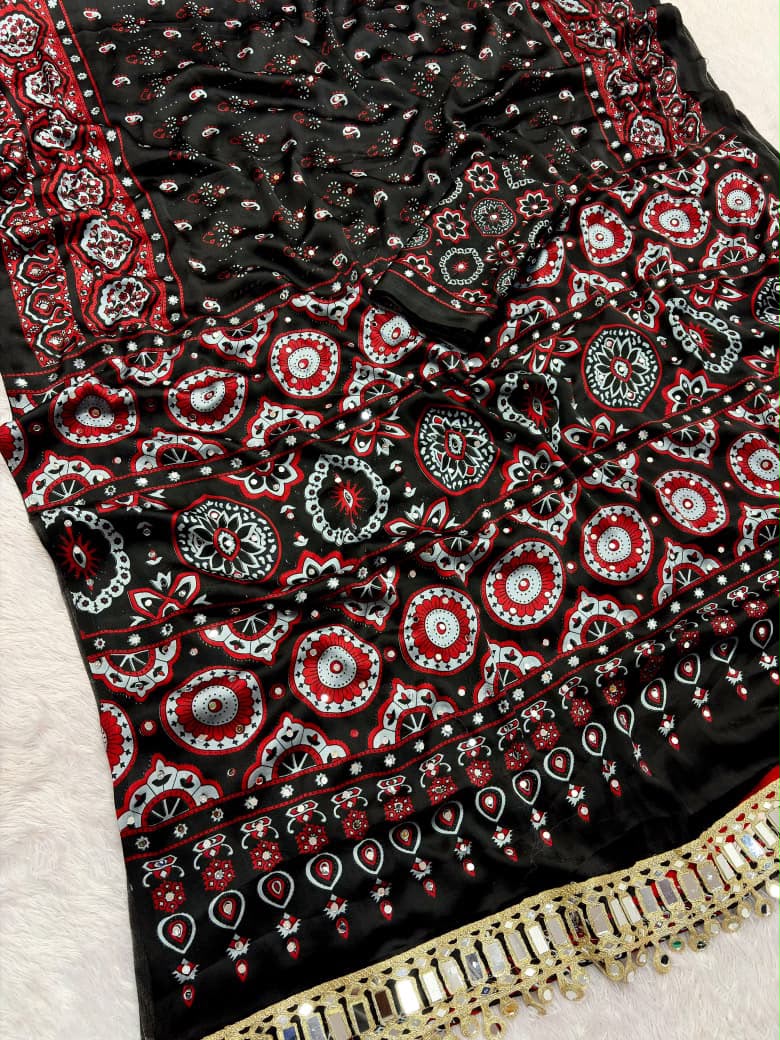 Ajrak crepe silk mirror saree