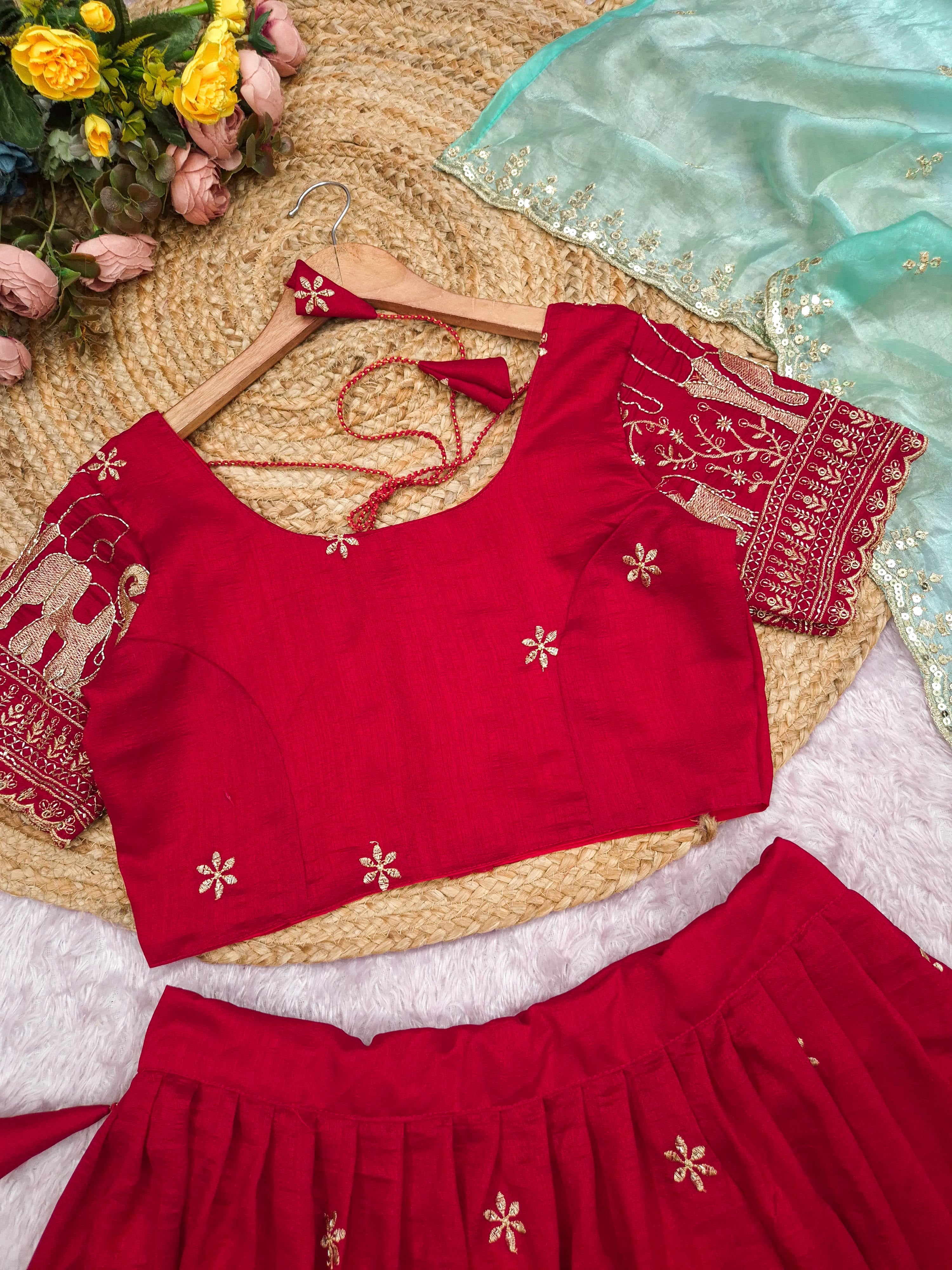 Heavy party wear Red-Ice blue fully stitched lehanga