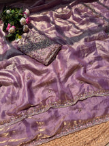 Pure space silk gold glass beads work saree