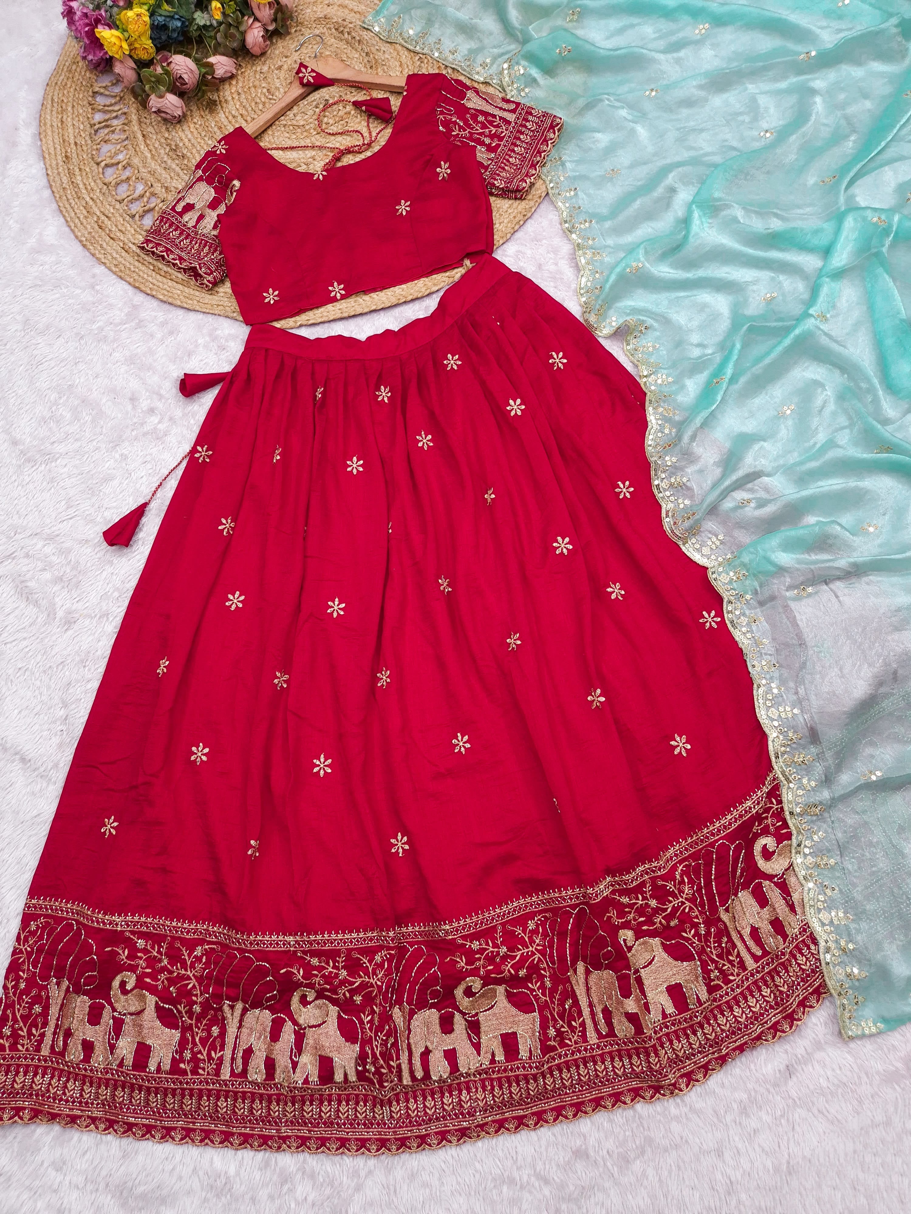 Heavy party wear Red-Ice blue fully stitched lehanga