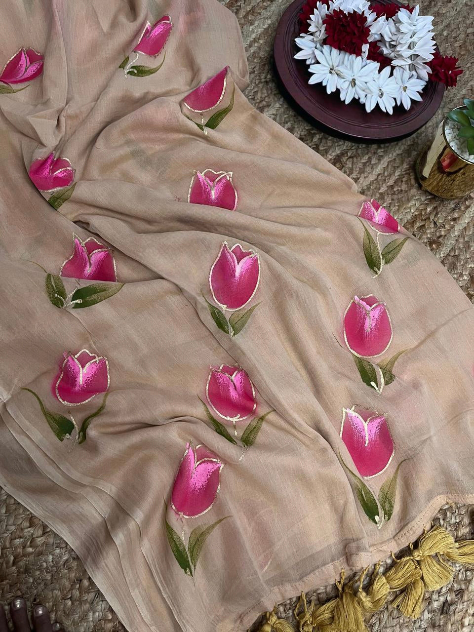 Mul cotton Tulip hand painted saree