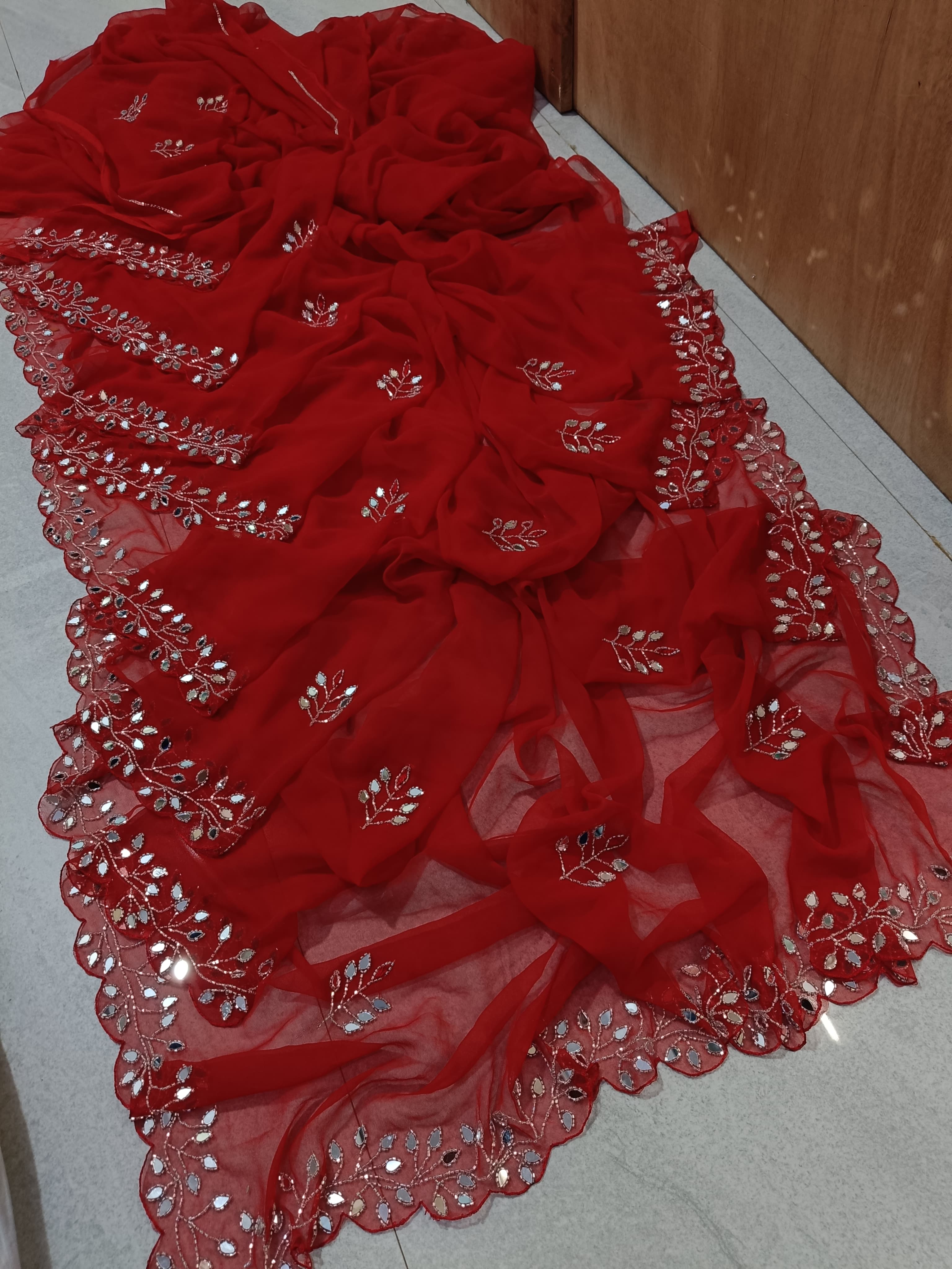 Fancy handwork mirrors and beads work georgette saree