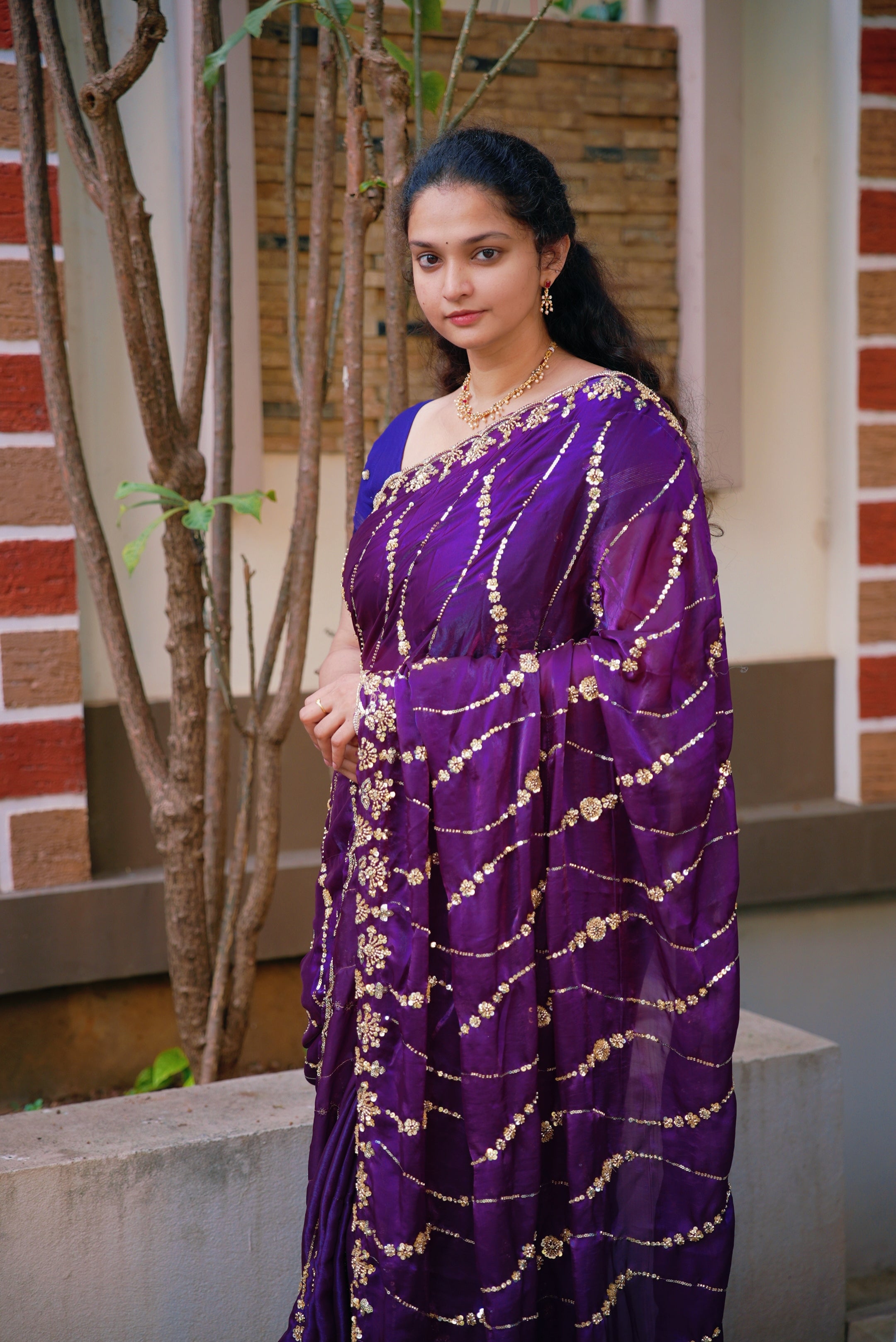 Space silk gold beads work saree