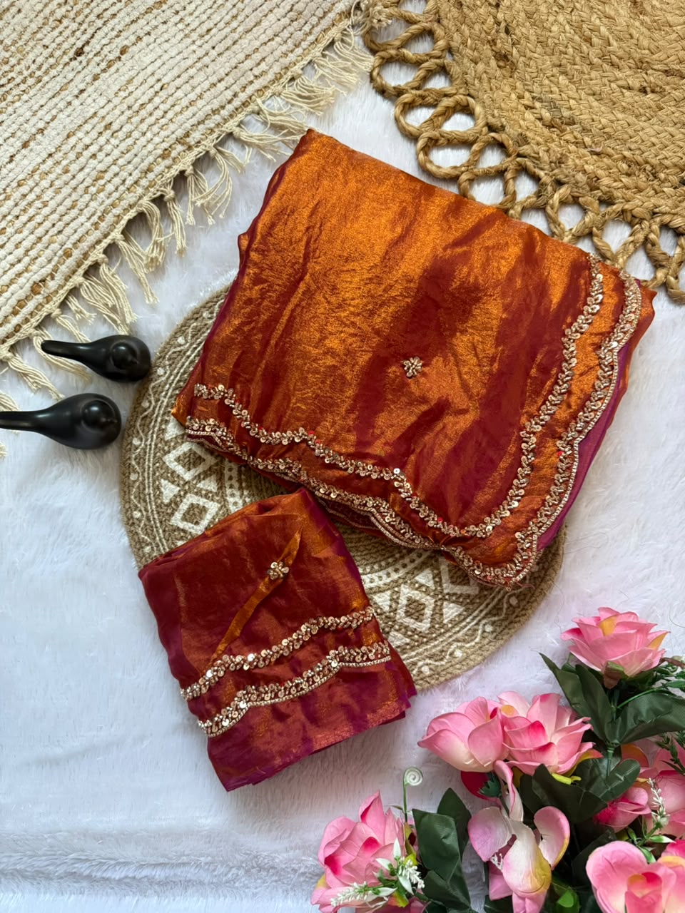 Space silk original handwork gold beads saree