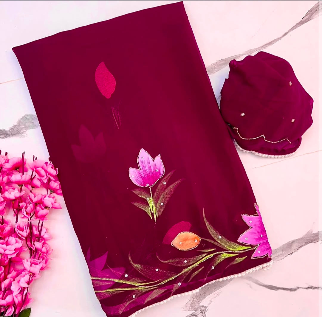 Brush paint soft georgette handwork saree