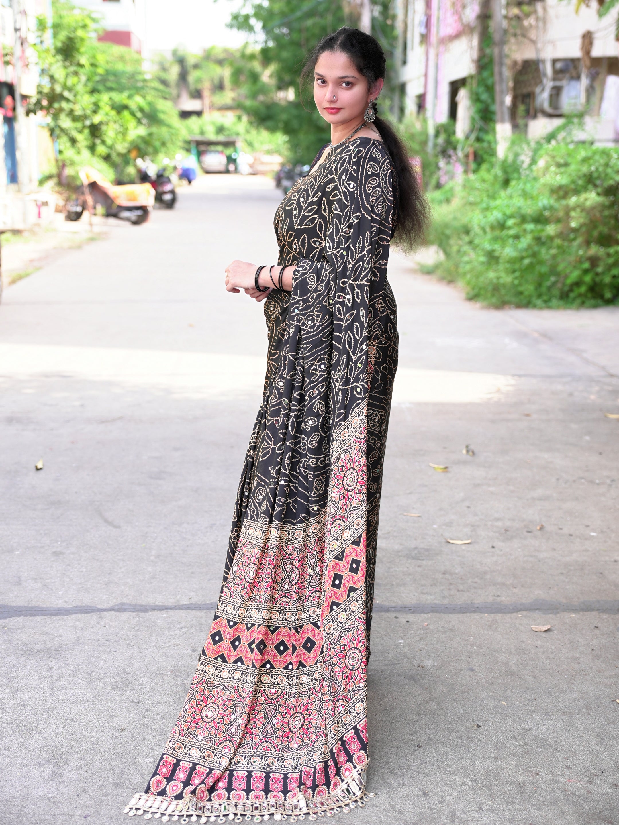 Ajrak design crepe silk mirror saree