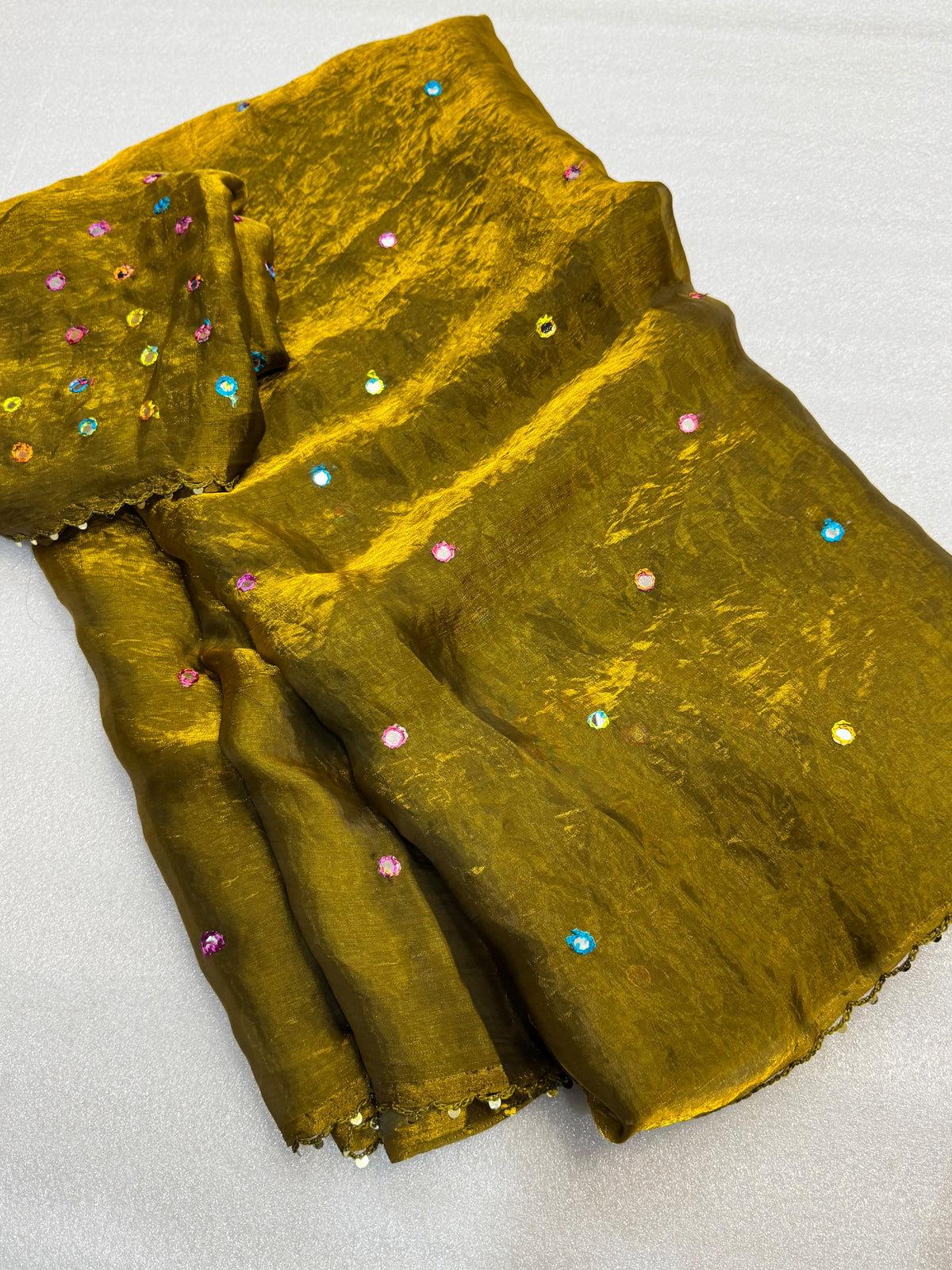 Moss space silk arco mirror work saree