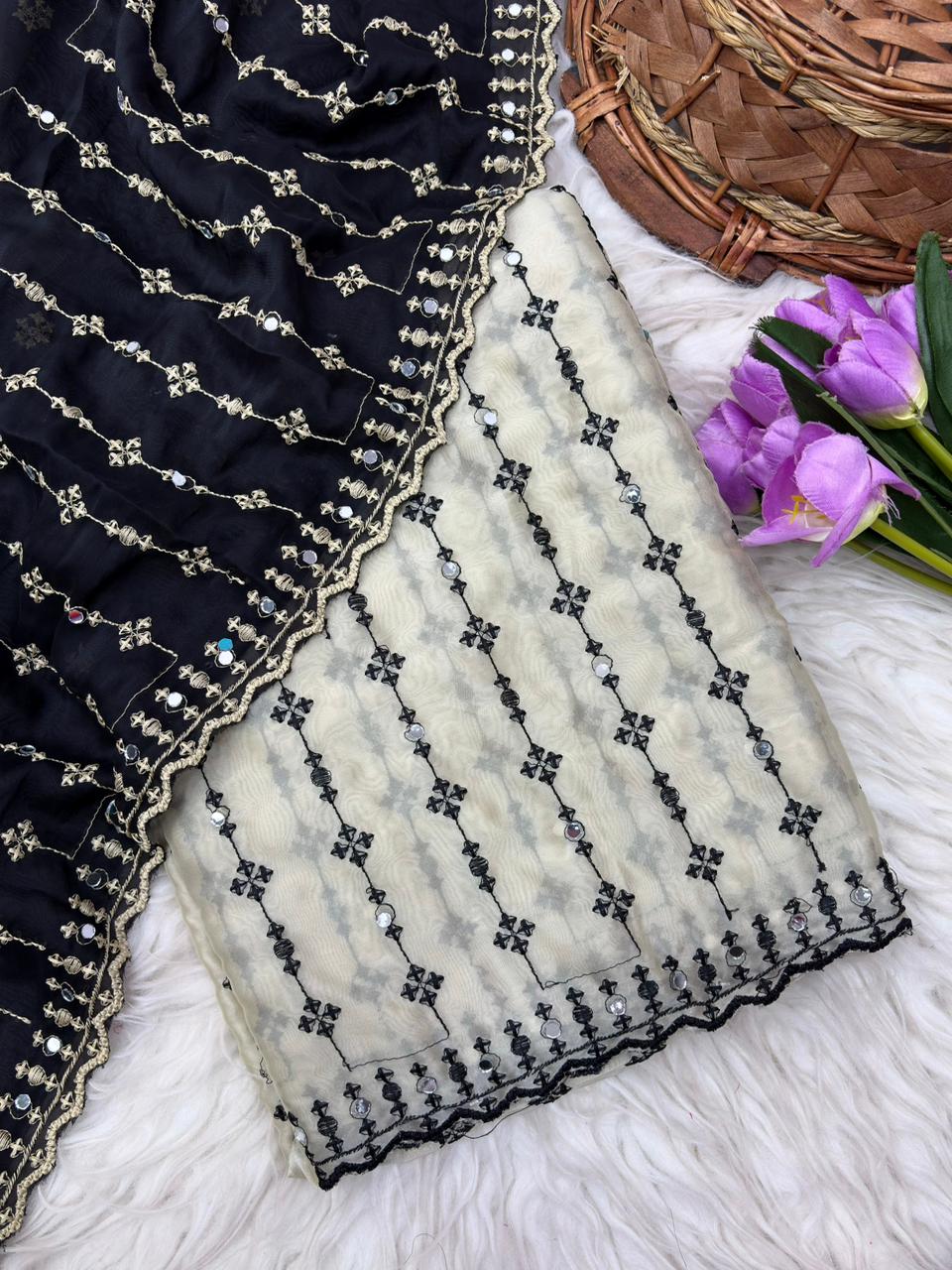 Rangoli heavy mirror embroidery saree