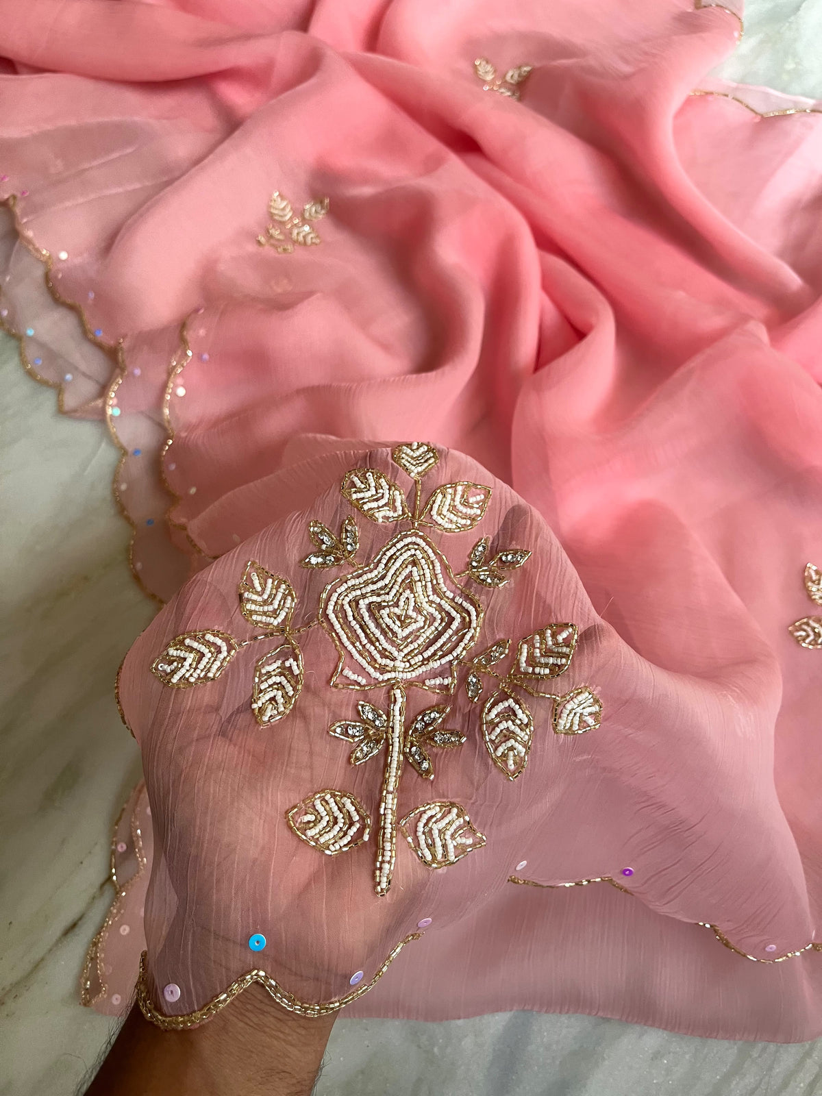 Pure chiffon and organza handwork saree