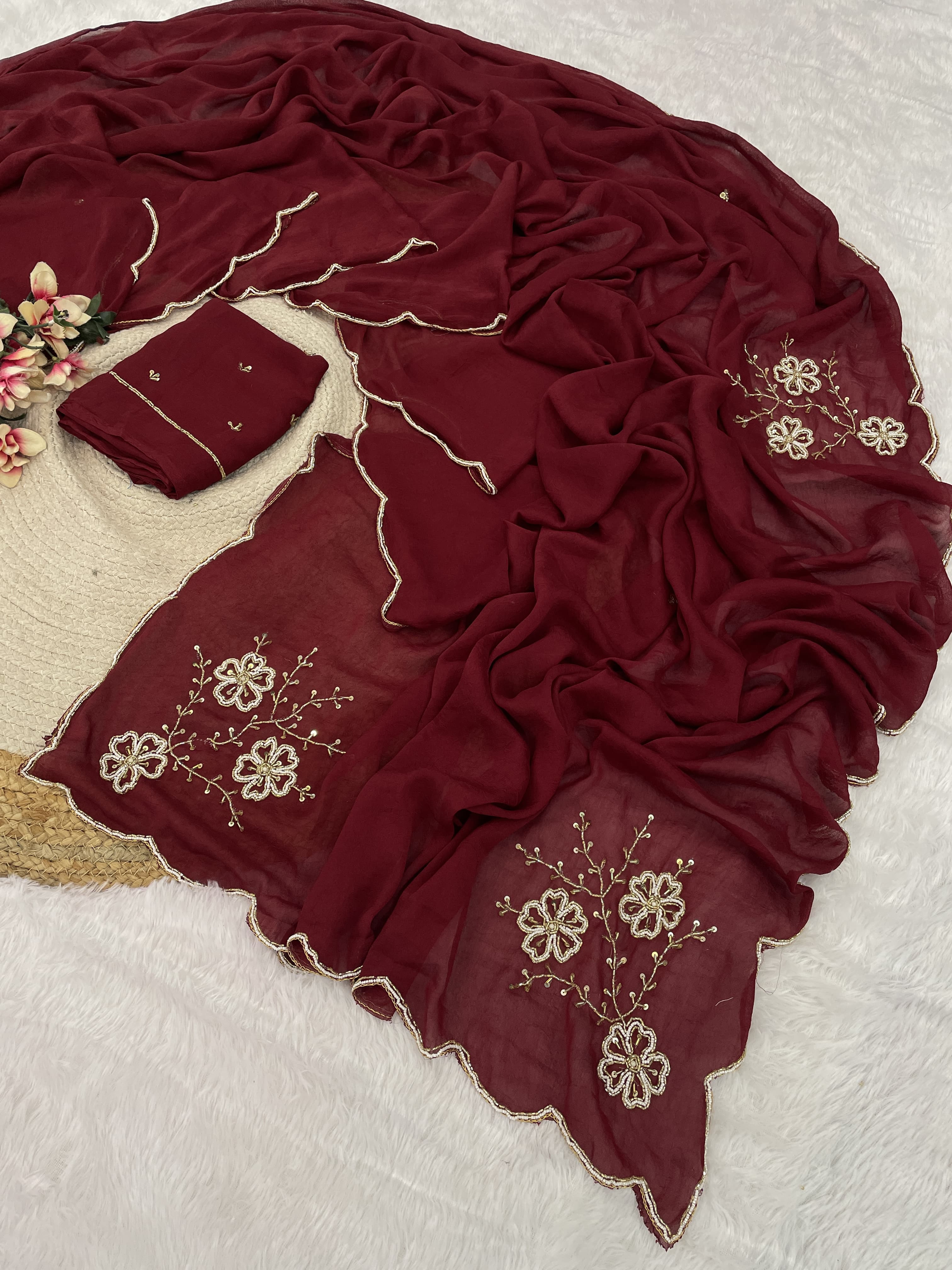 Soft crush rangoli floral katli handwork saree