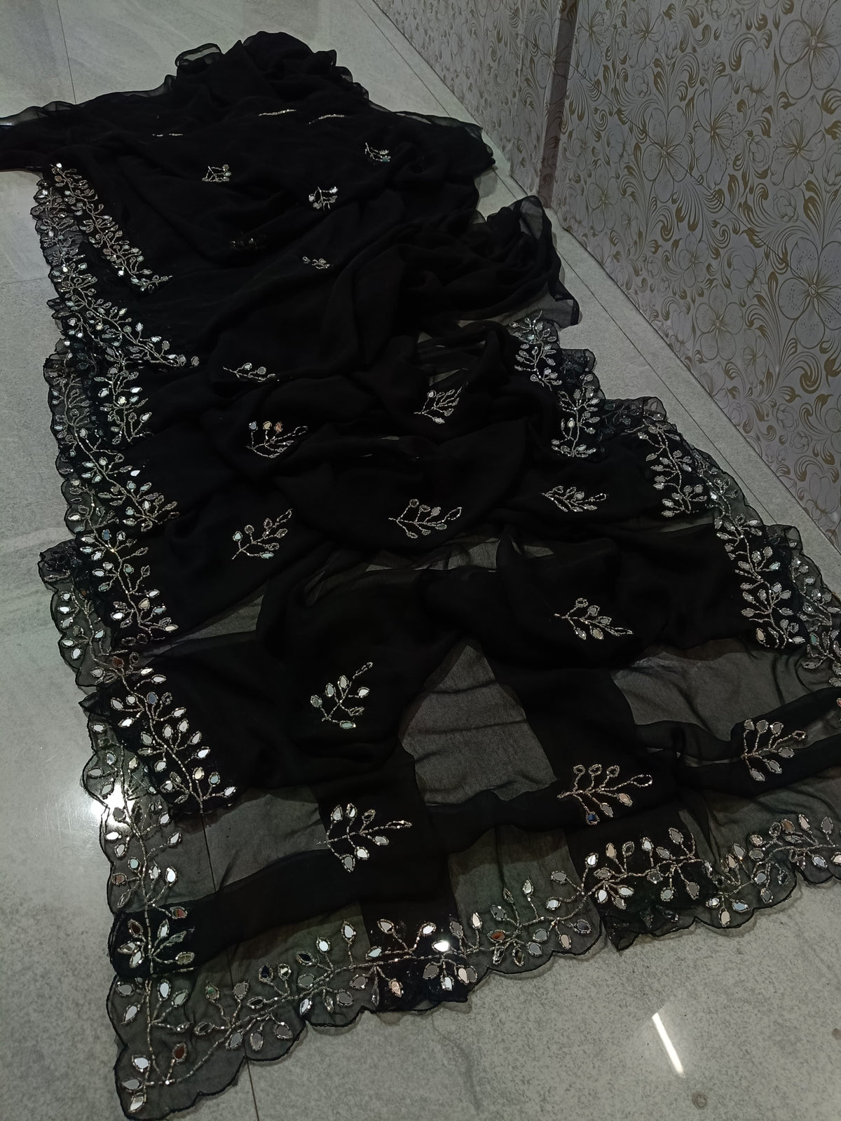 Fancy handwork mirrors and beads work georgette saree