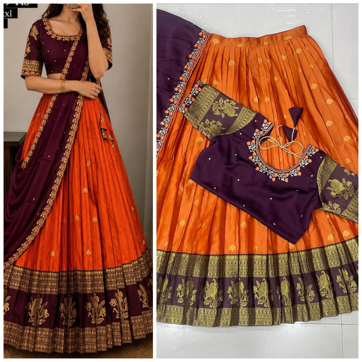 Semi kanjeevaram stype fully stitched half saree lehanga set