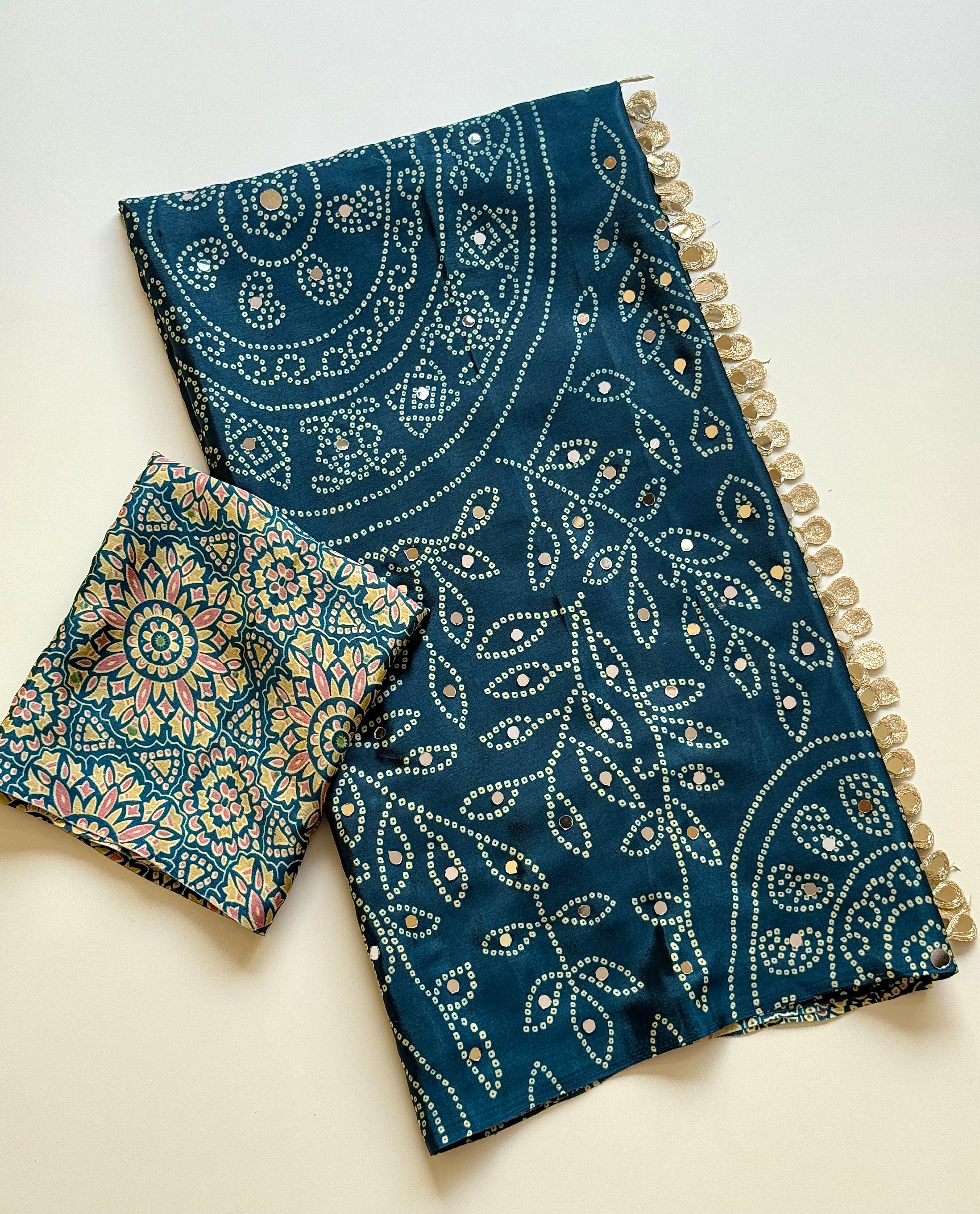Ajrak design crepe silk mirror saree