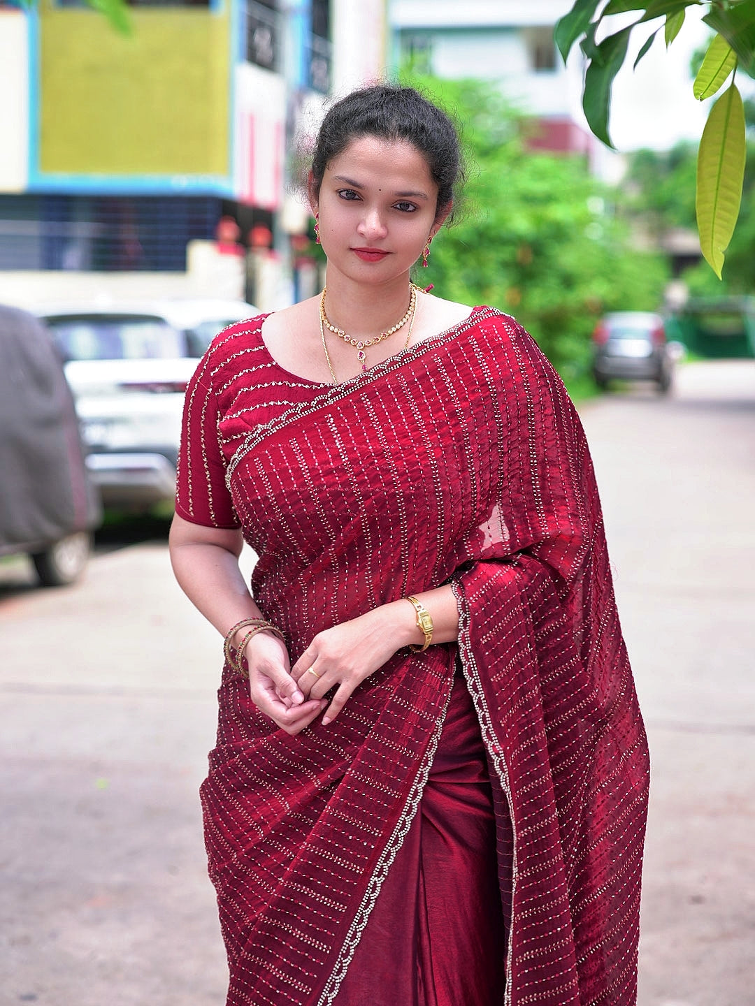 Space silk katli and siroski work sarees