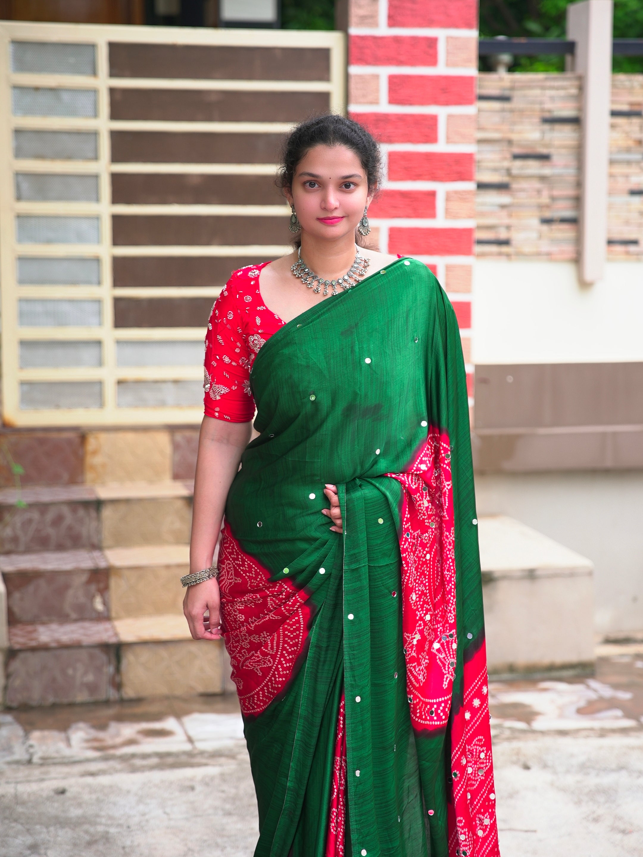 Ajrak bandini print semi modal crepe silk saree