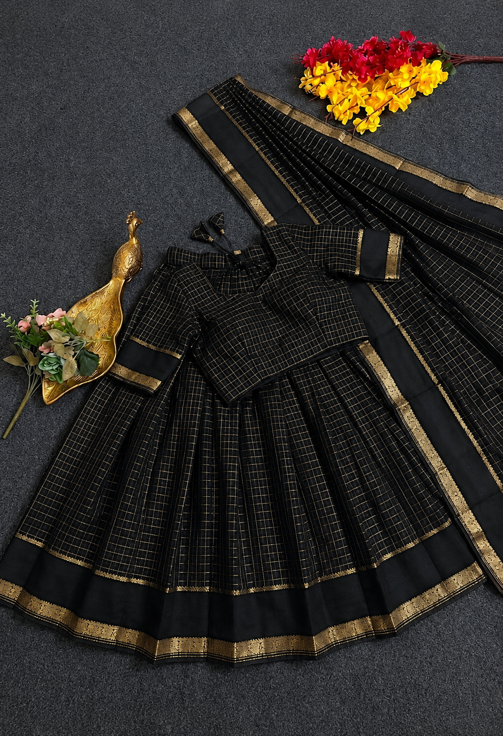 Viscose georgette vintage checks fully stitched half sareee