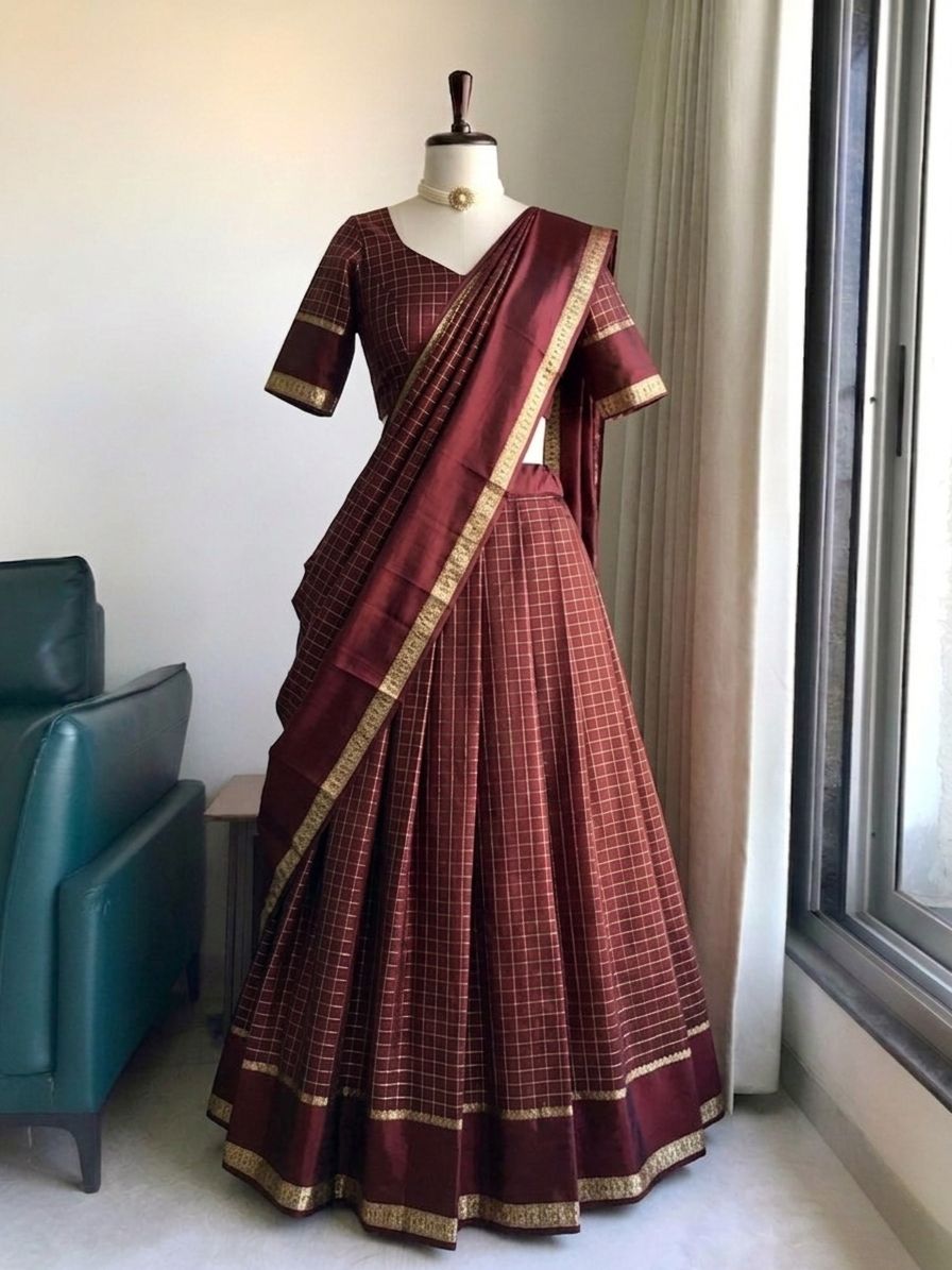 Viscose georgette vintage checks fully stitched half sareee