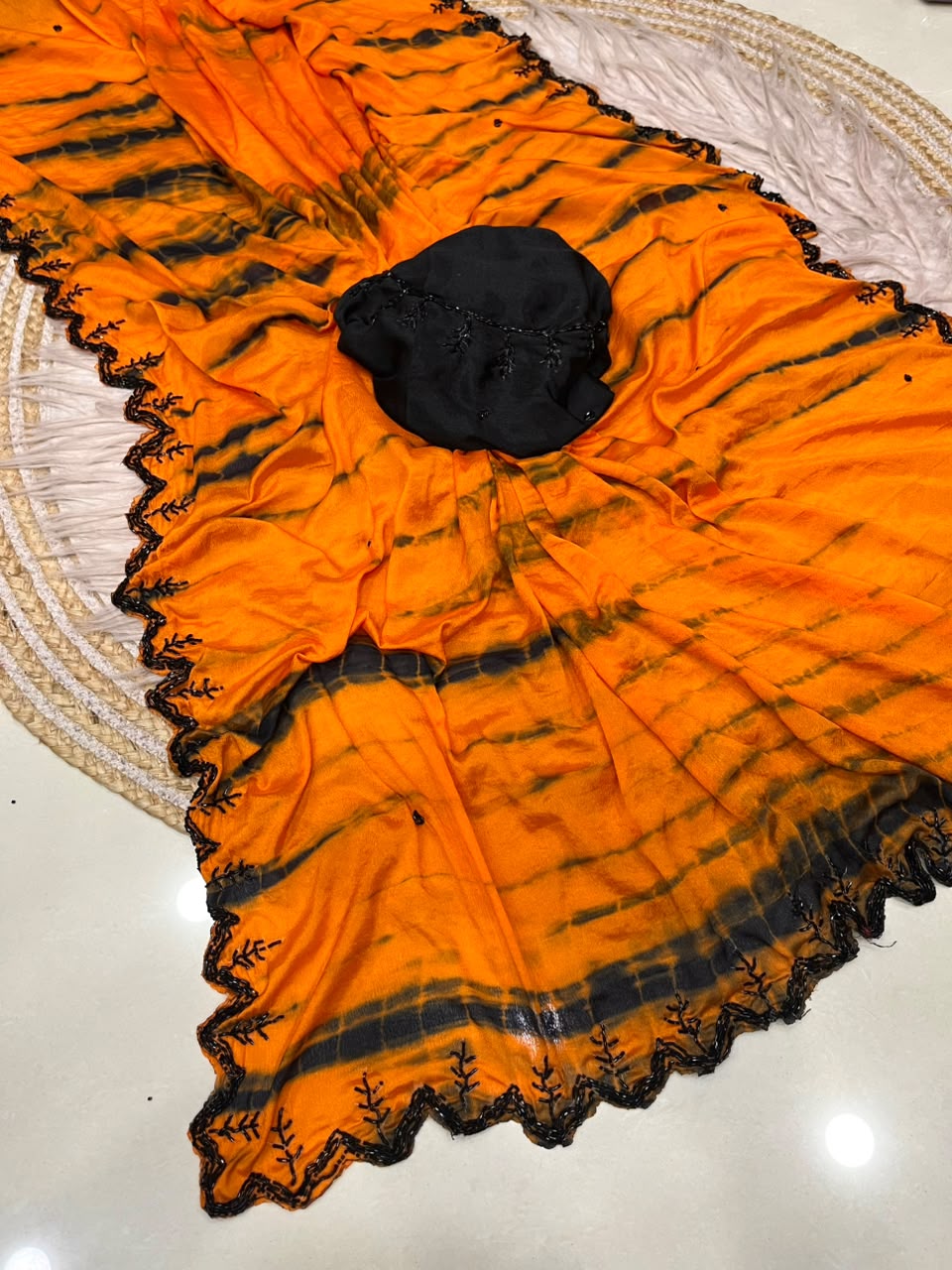 Tie and dye pure chinnon handwork saree