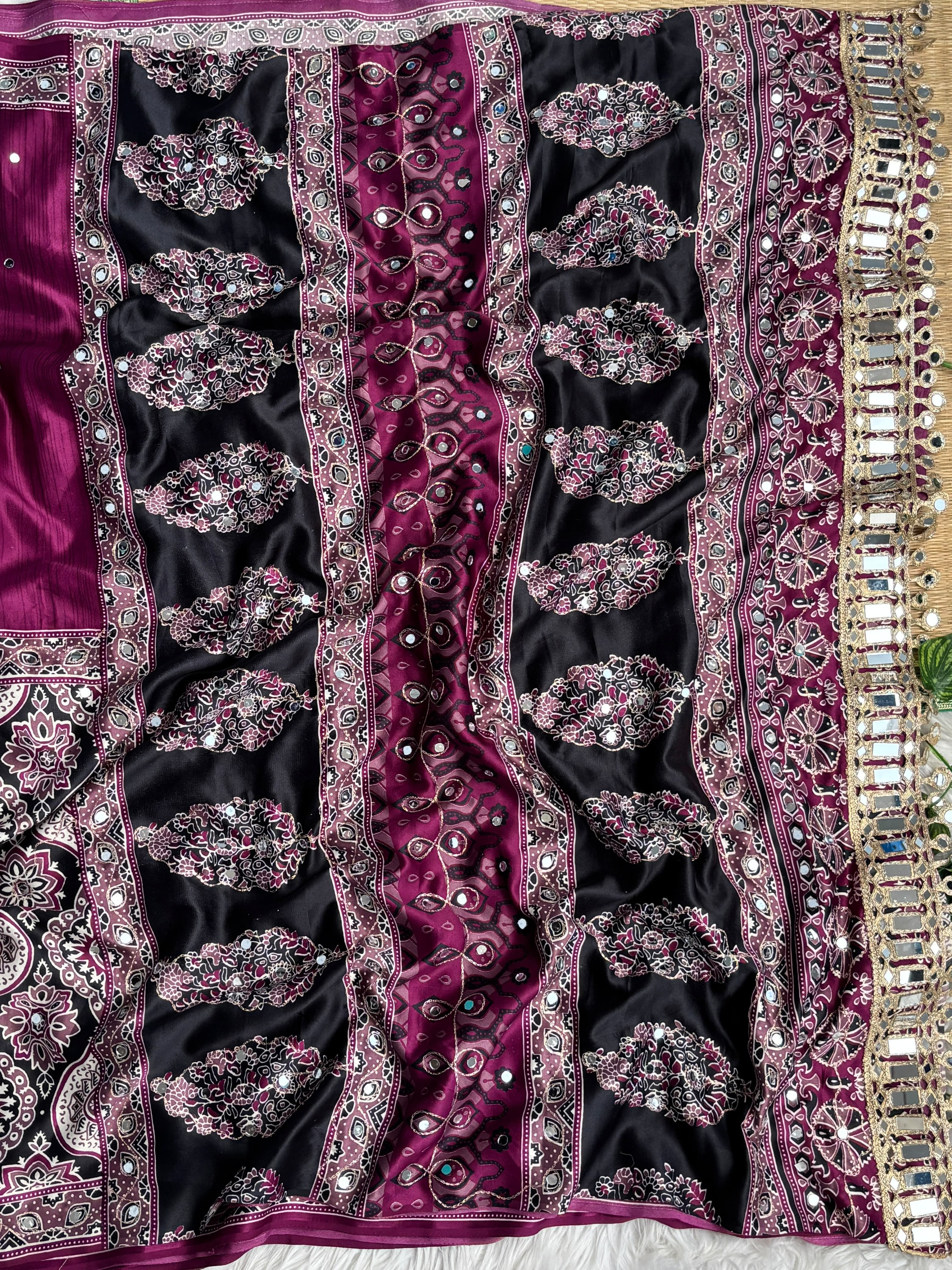 Ajrak mirror satin modal saree