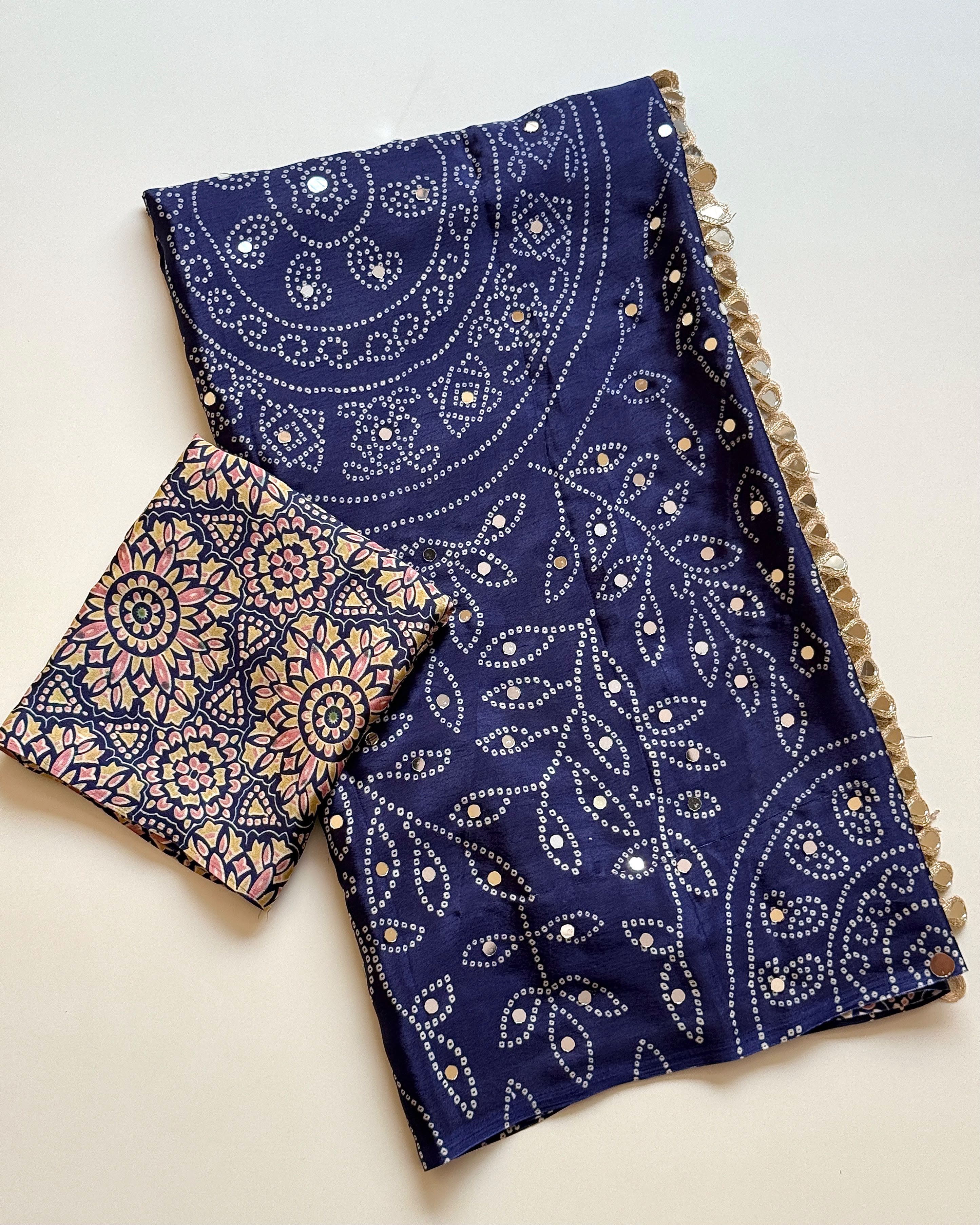 Ajrak design crepe silk mirror saree