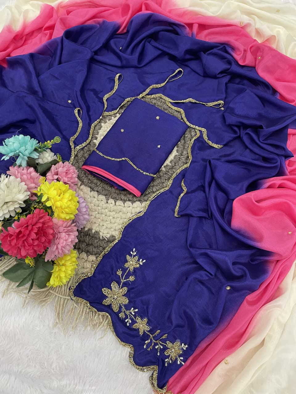 Rangoli crushed dual shade hand work saree