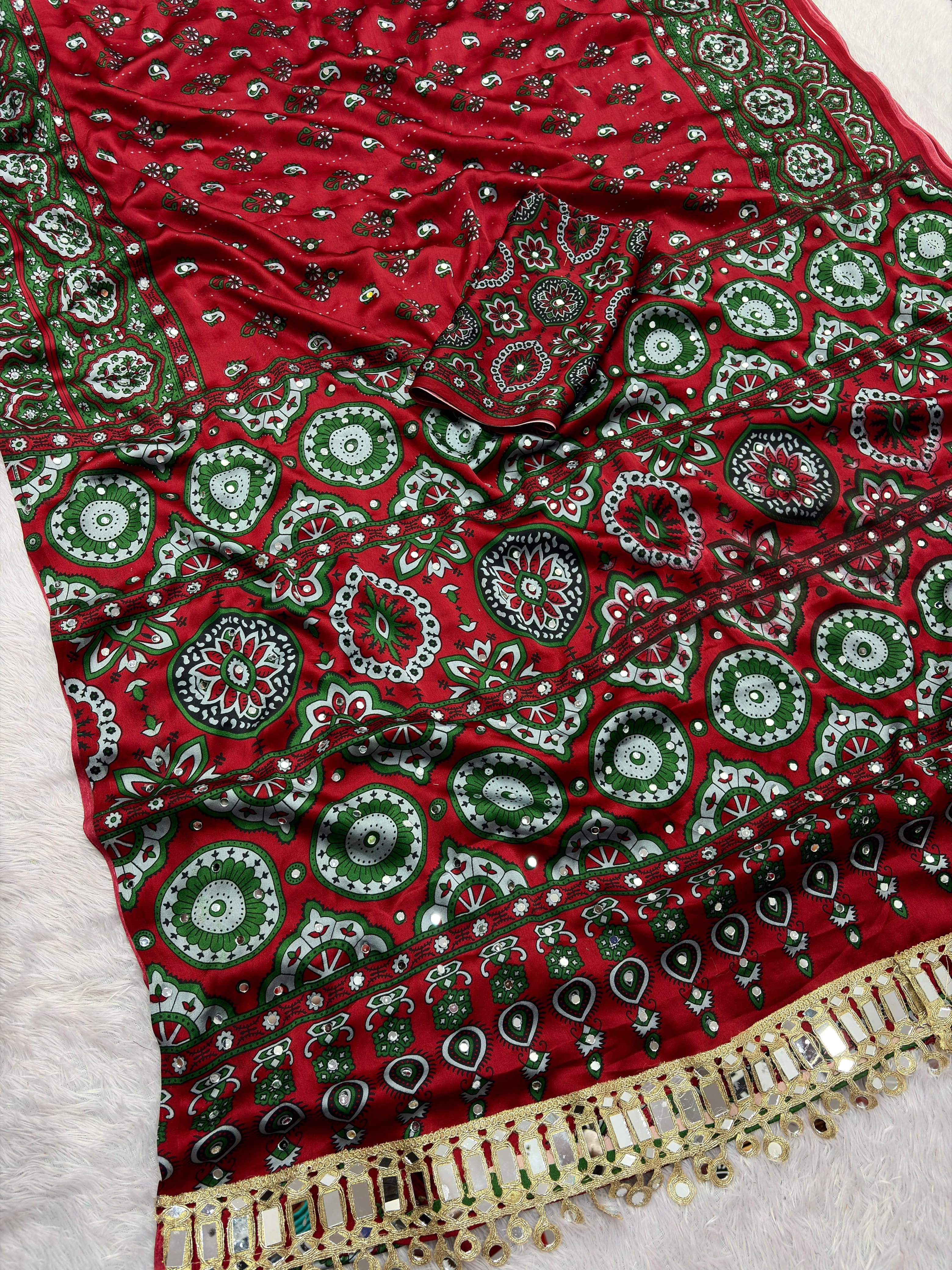 Ajrak crepe silk mirror saree