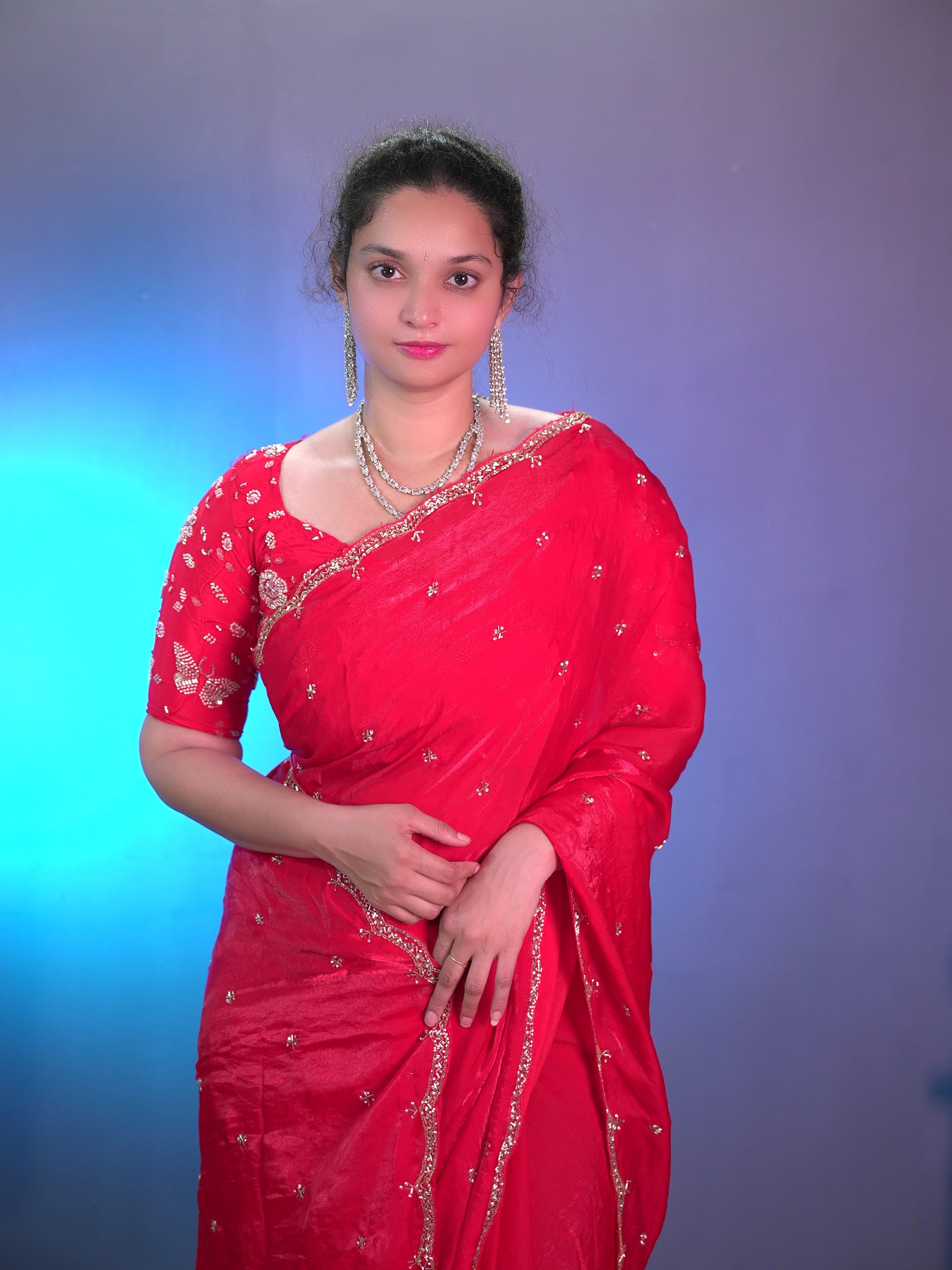 Space silk beads work saree