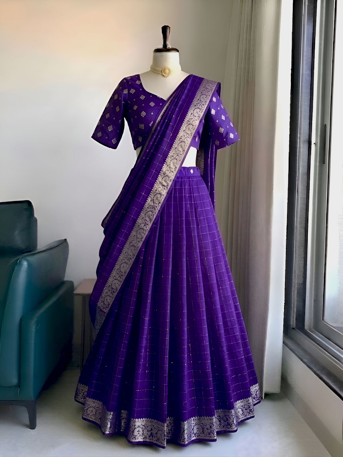 Viscose georgette checks sequins full stitched lehanga/halfsaree