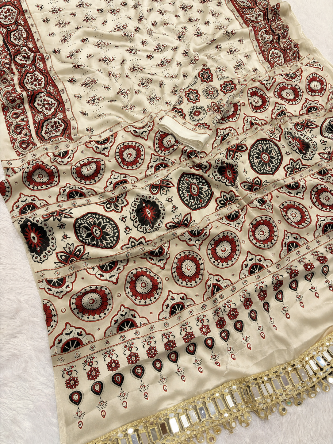 Ajrak crepe silk mirror saree