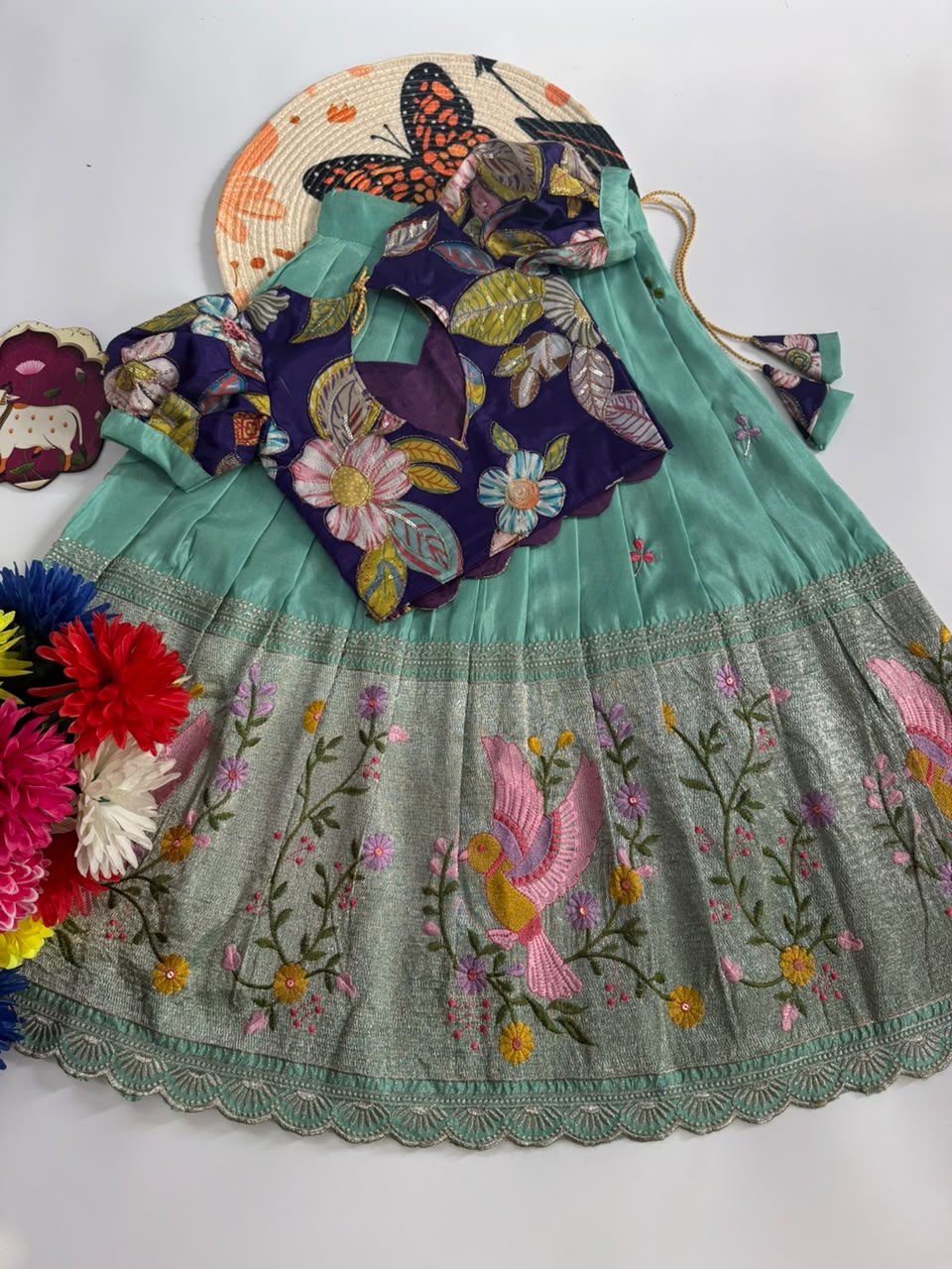 Crepe position print embroidery lehanga choli for kids