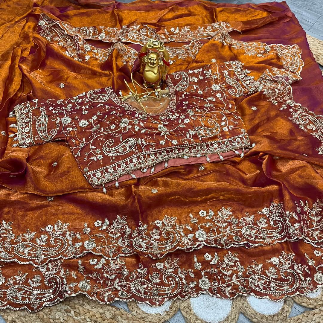 Space Silk Embroidery work saree with stitched blouse