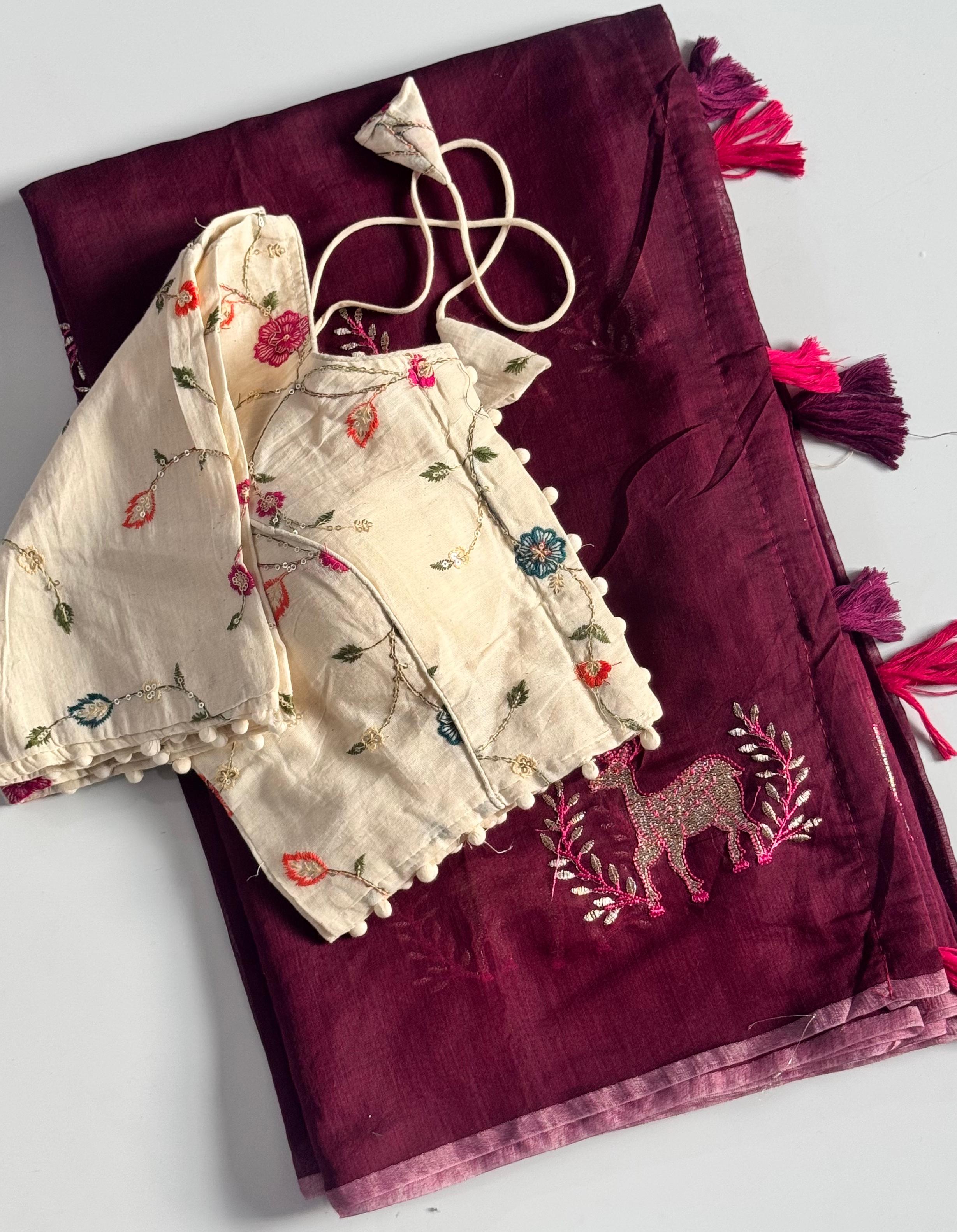 Premium Chanderi Silk Saree Fully Stitched blouse