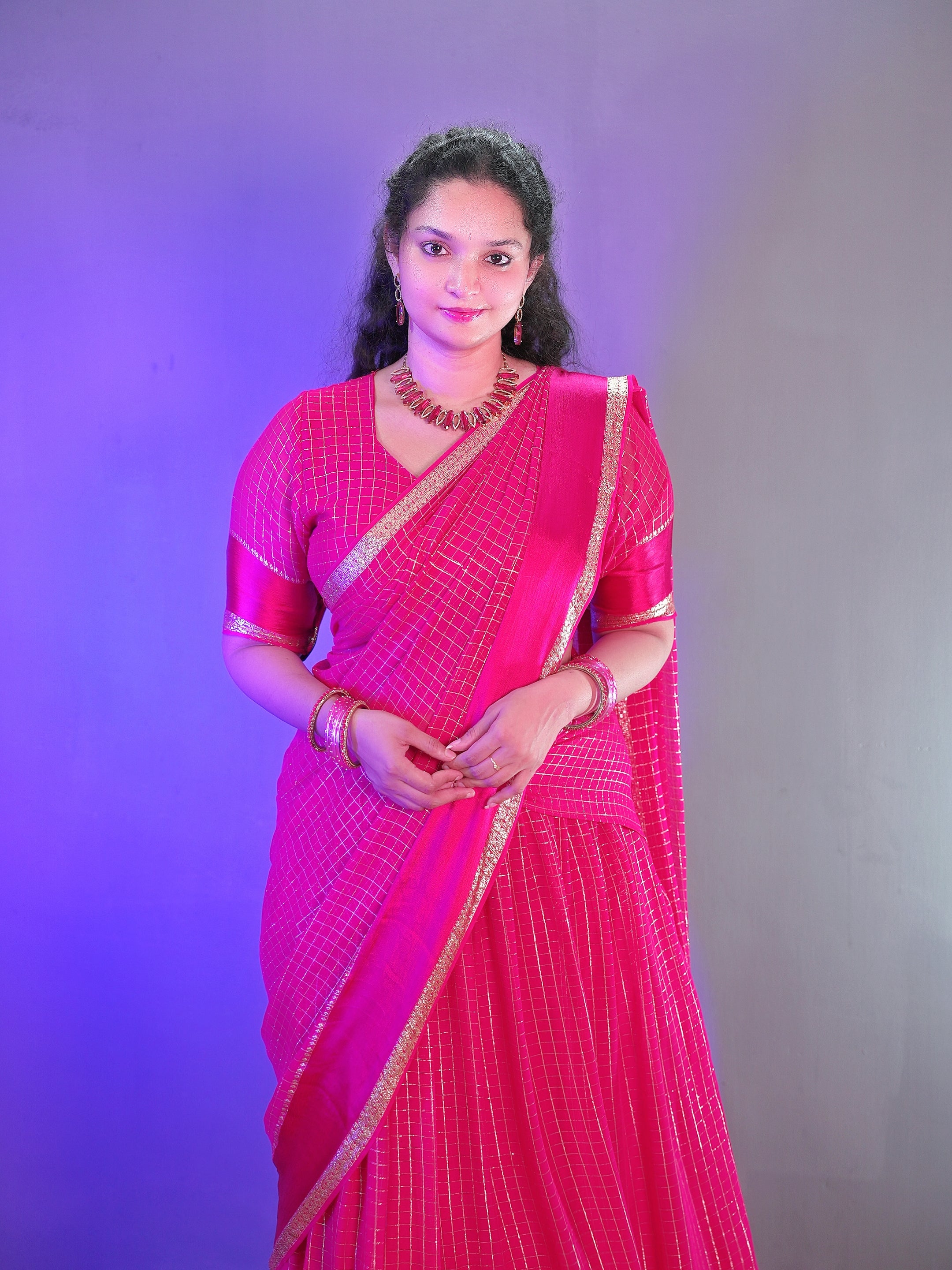 Viscose georgette vintage checks fully stitched half sareee