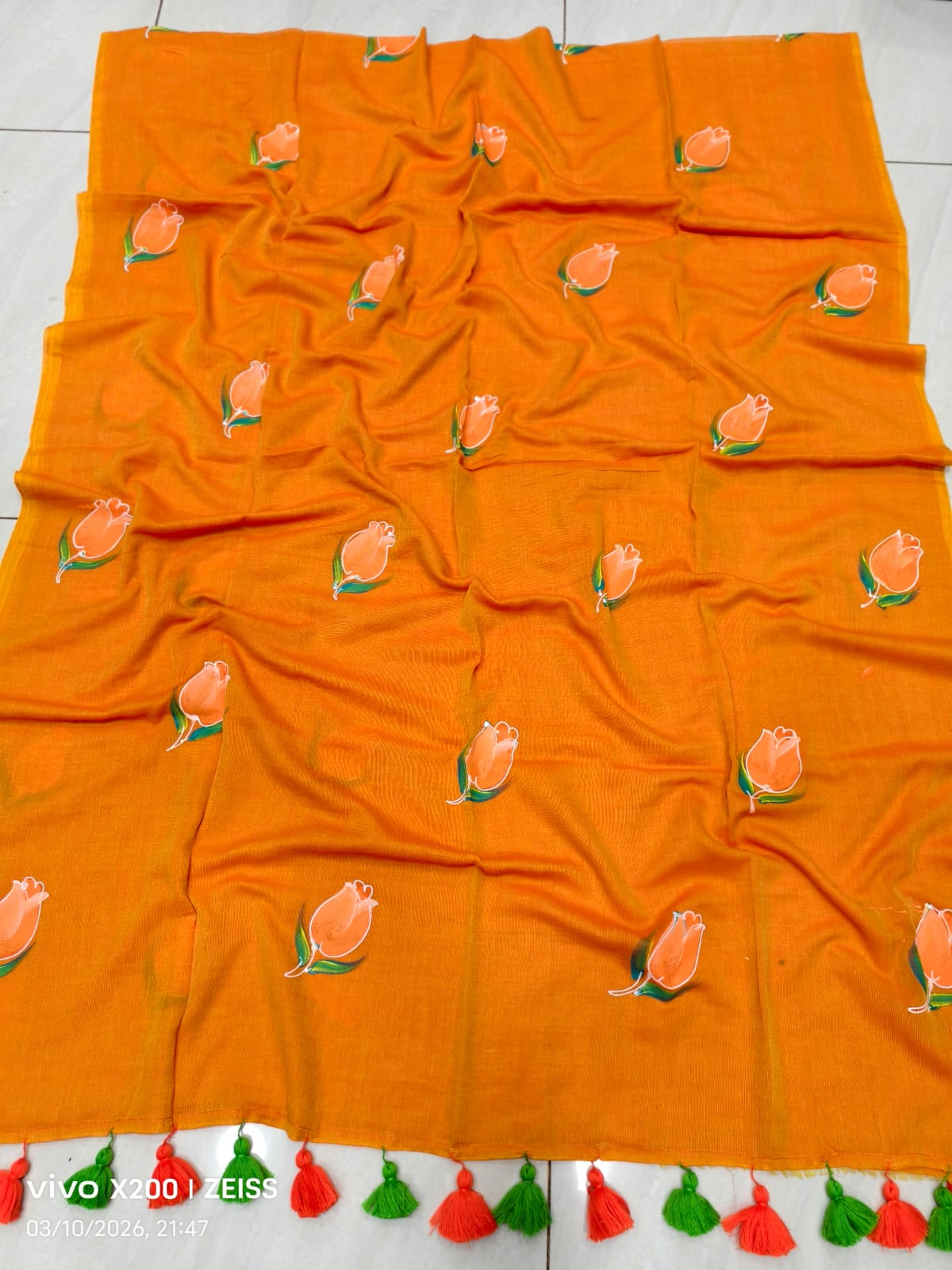 Mul cotton Tulip hand painted saree