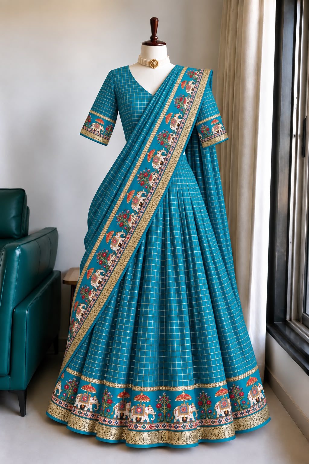Viscose georgette fully stitched checks lehanga/ half saree