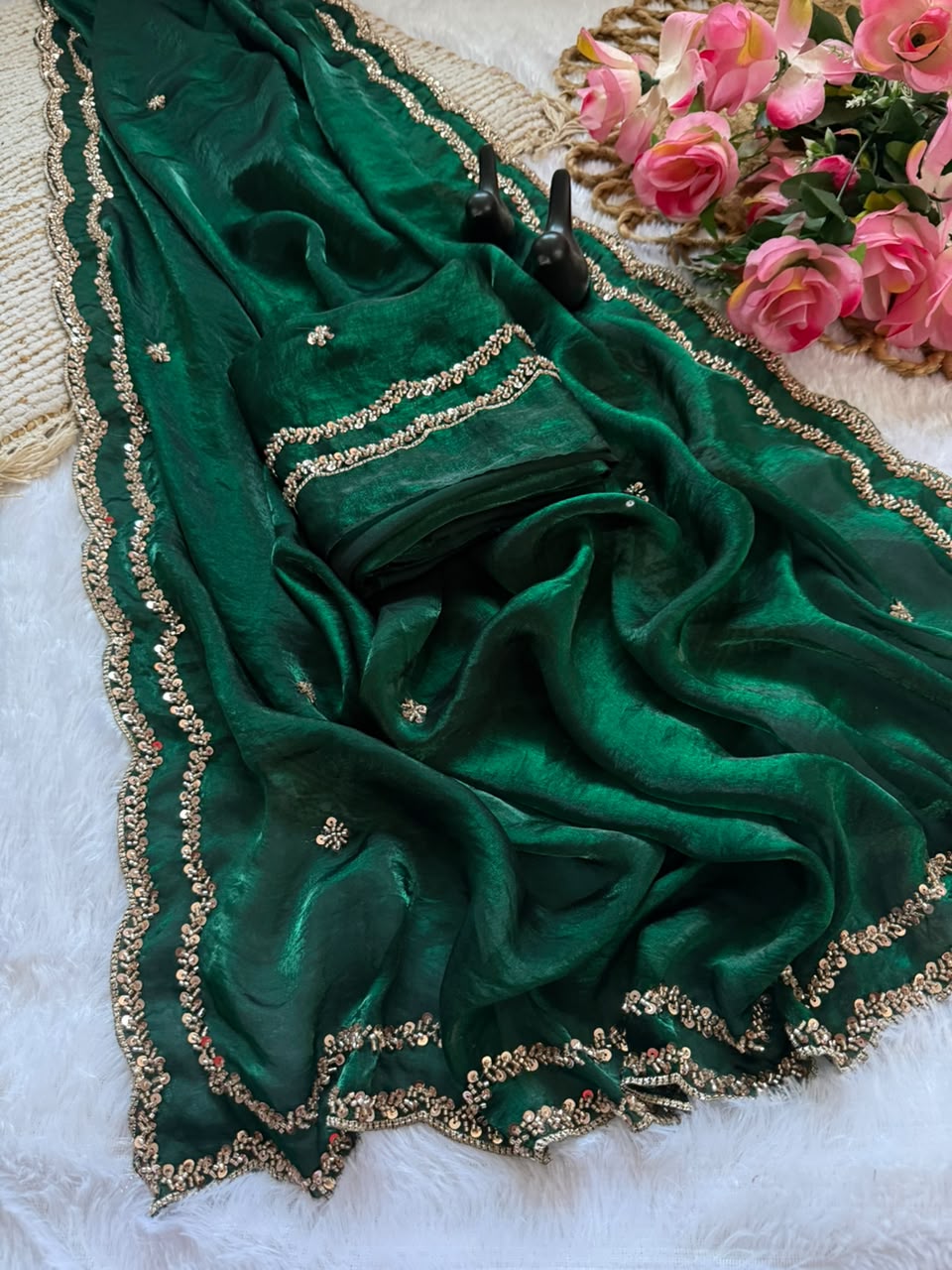 Space silk original handwork gold beads saree
