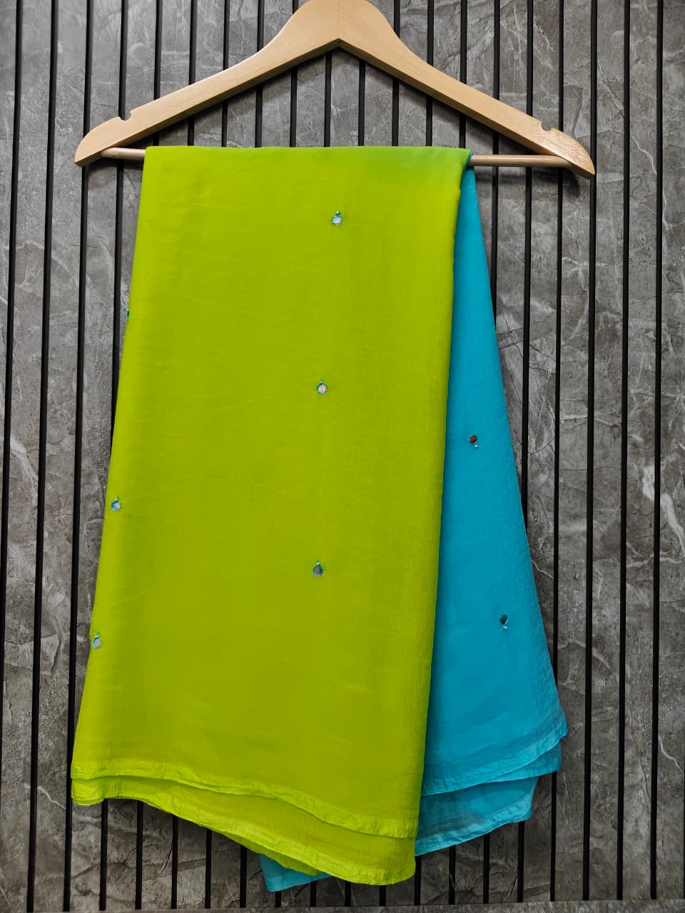 Chiffon mirror patra work dual shade saree