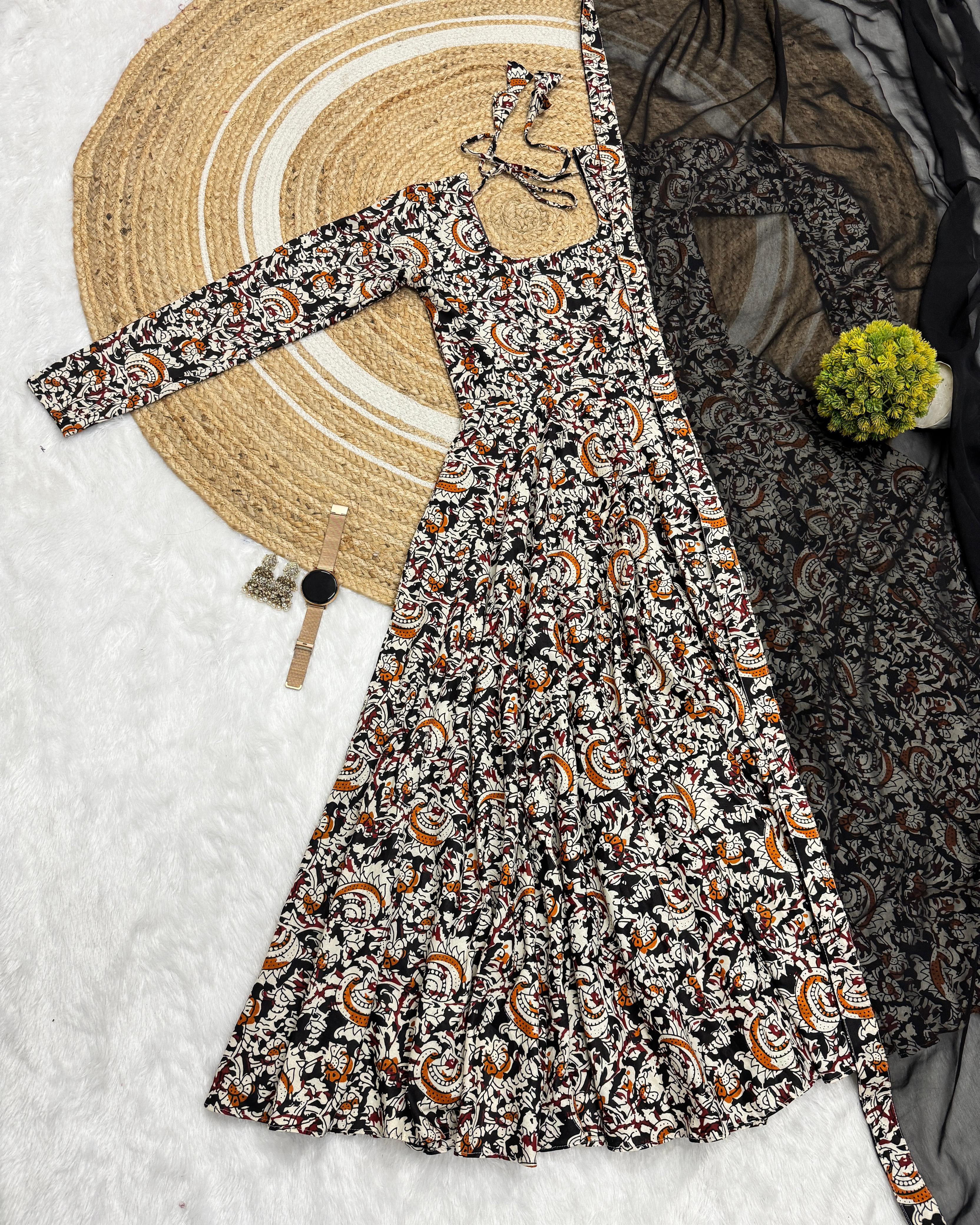 Pure Cotton Kalamkari Block Print Anarkali with Georgette Duppatta