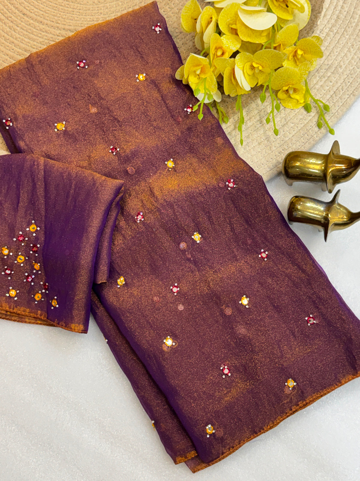 Mirror work soft moss georgette saree